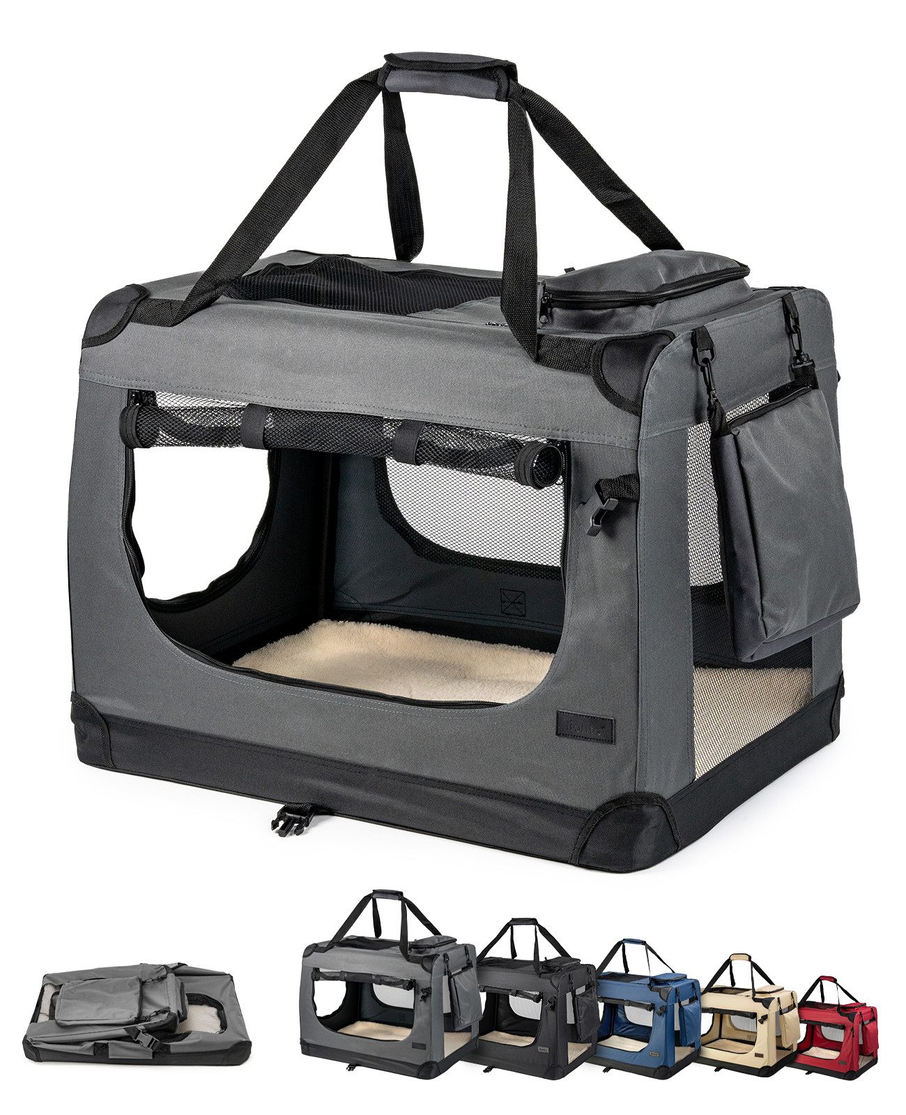 lionto Tiertransportbox für Katzen, leicht und komfortabel aus Textil bis 12 kg, 60x42x44 cm, grau