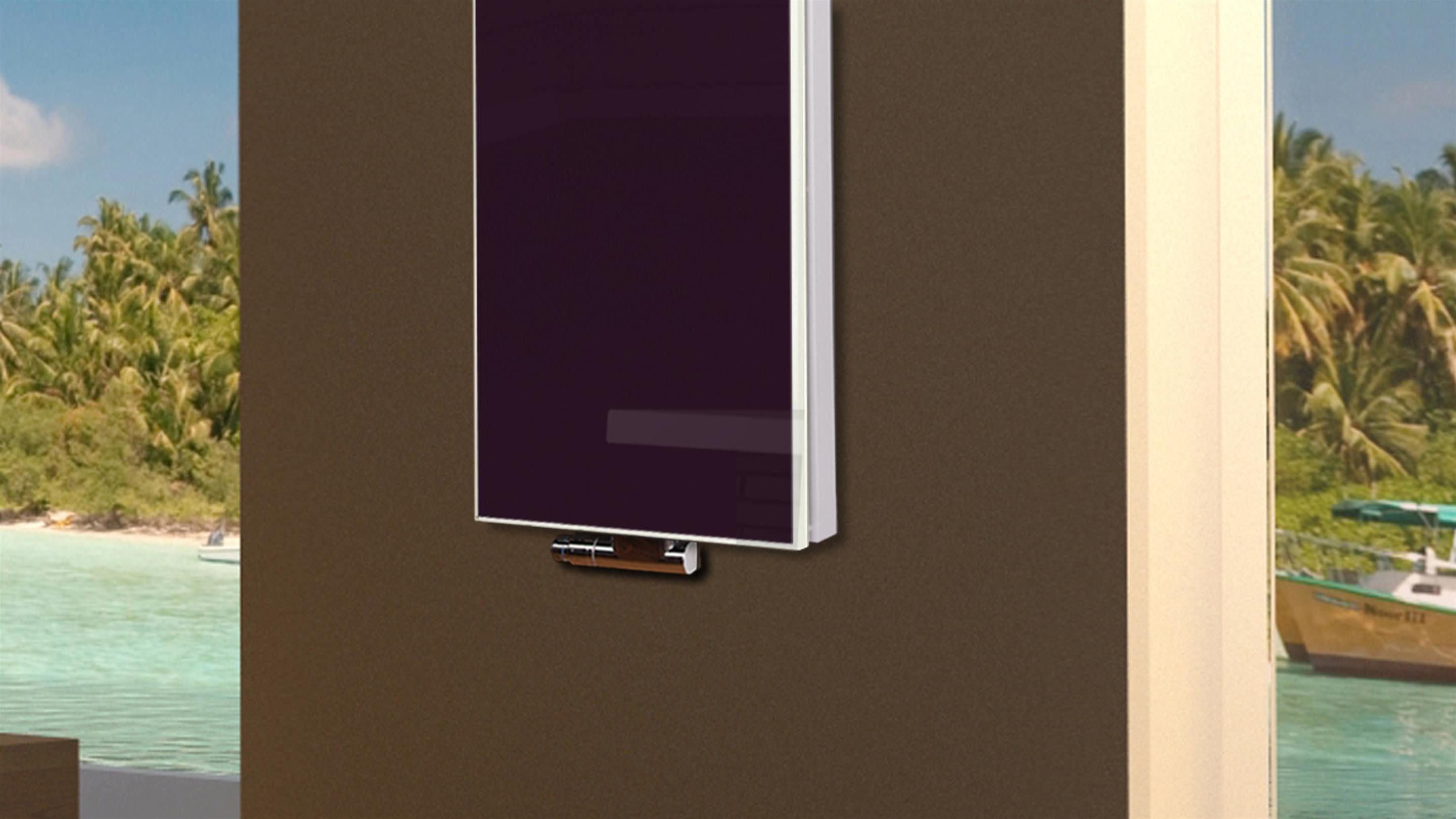 Szagato Badheizkörper BADHEIZKÖRPER mit Glas Montevideo 5 Glasfront 120x47cm 1458 W violett, 5 Jahre Garantie, Made in Germany