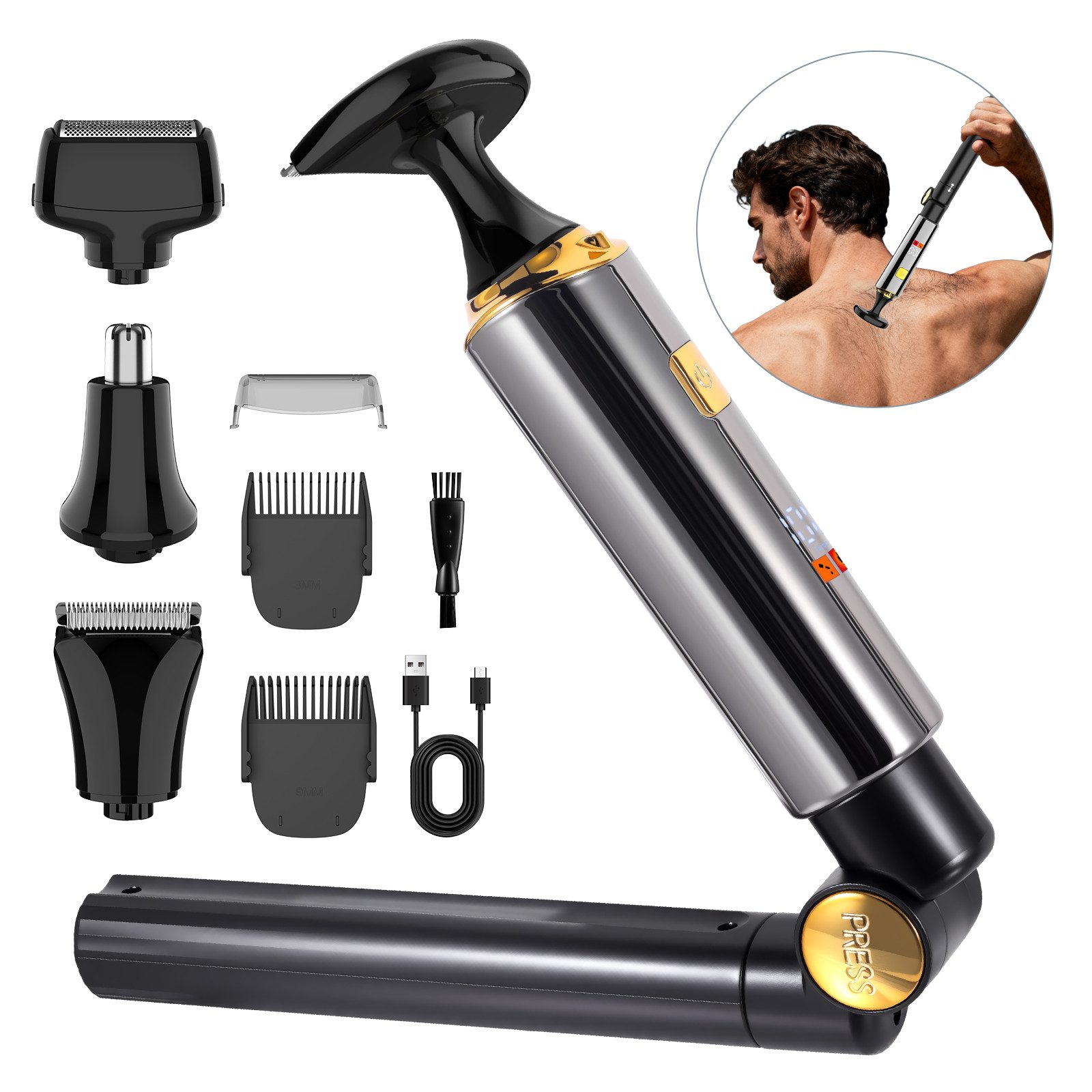 HATTEKER Körperrasierer HT-6198, Barttrimmer Bodygroomer, Rückentrimmer 4-in-1-Set Wasserdicht