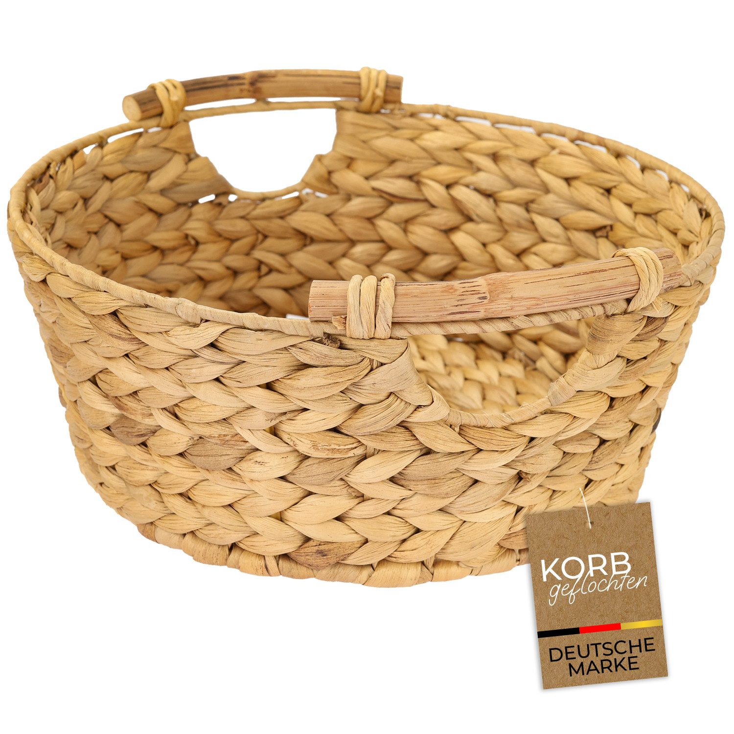 HMF Aufbewahrungskorb Aufbewahrungskorb rund, Geschenkkorb leer geflochten, aus Wasserhyazinthe mit Holzgriffen, 30 x 12 cm, Naturfarben