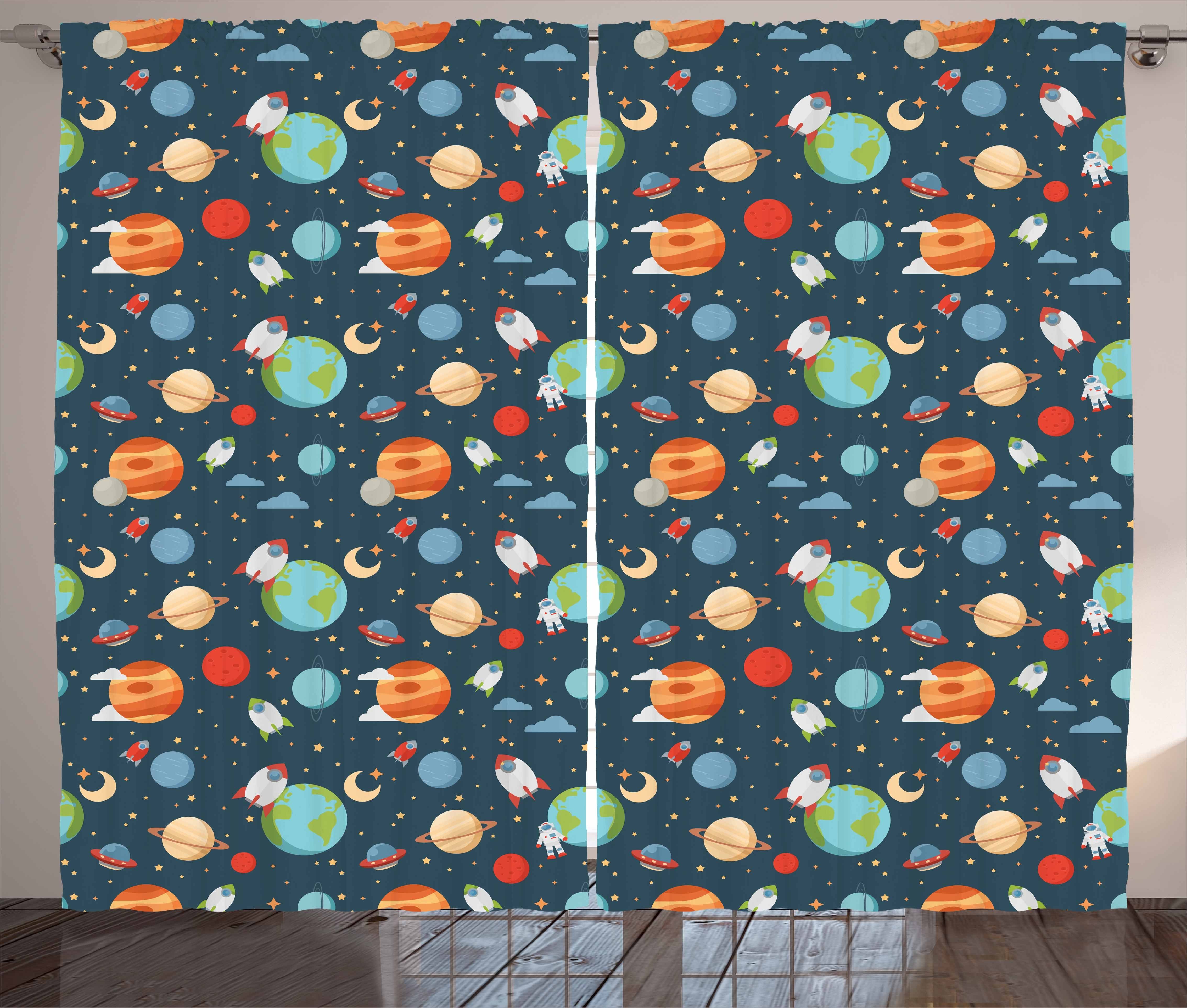 Gardine Schlafzimmer Kräuselband Vorhang mit Schlaufen und Haken, Abakuhaus, Kindergarten Cartoon Planeten im Weltraum