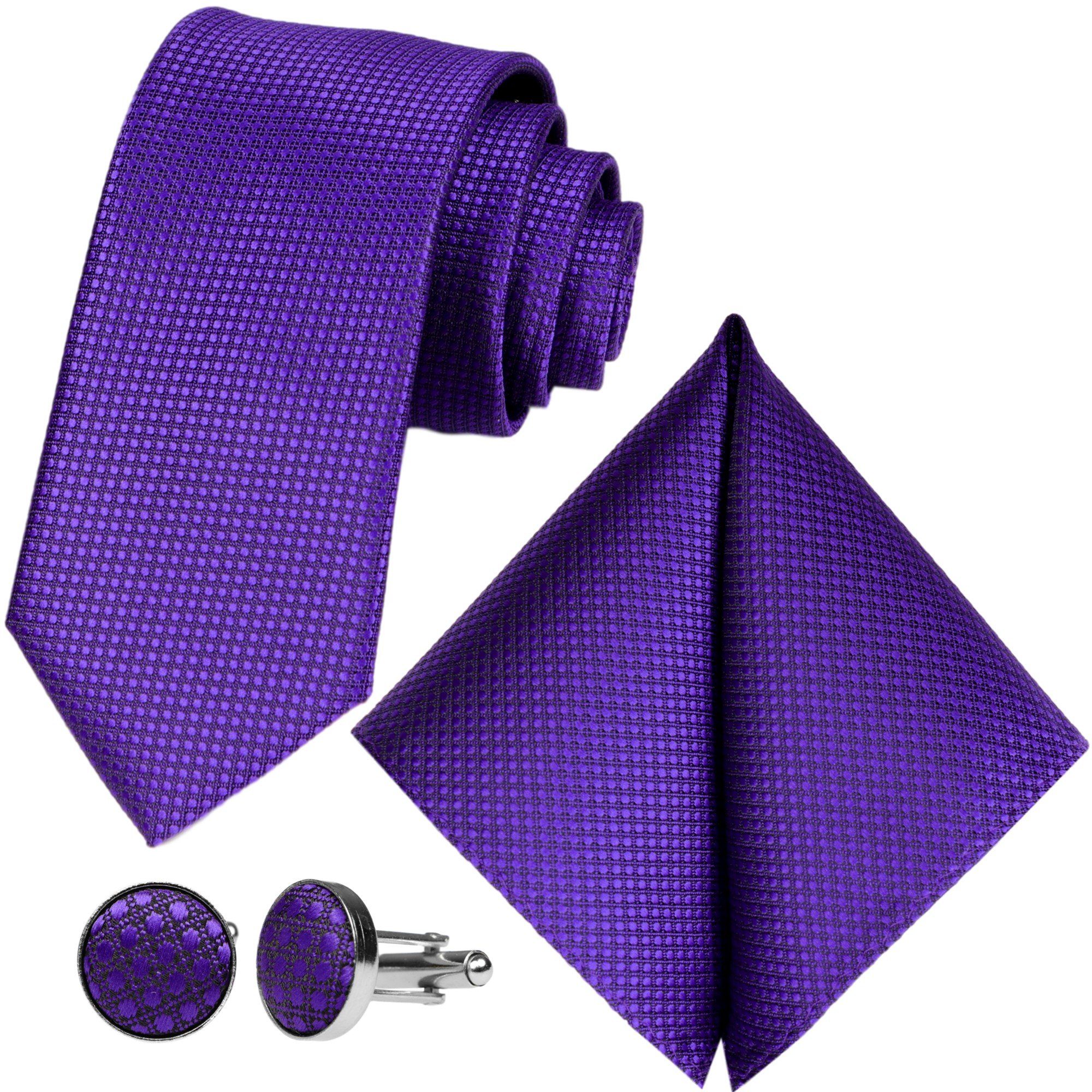 GASSANI Krawatte Karo Hochzeitskrawatte Tuch Festlich Schmal, Herren-Schlips Business (Set, 3-St., Uni, Einfarbig, Krawattenset, mit Einstecktuch, Manschettenknöpfe) Kariert, Gepunktet, Punkte, Dots, Grid Struktur, Matt Seide-Touch Lila Blau-Violett Mauve