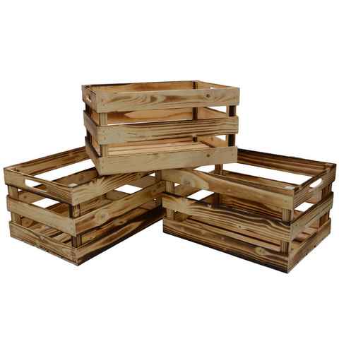 UNUS HOME Dekokiste Holzkiste Geflammt 3er Set (3er Set - Maße: 39 x 29 x 21 cm (LxBxH), Weinkisten Obstkisten Aufbewahrungsbox Apfelkisten Holzkisten Vintage