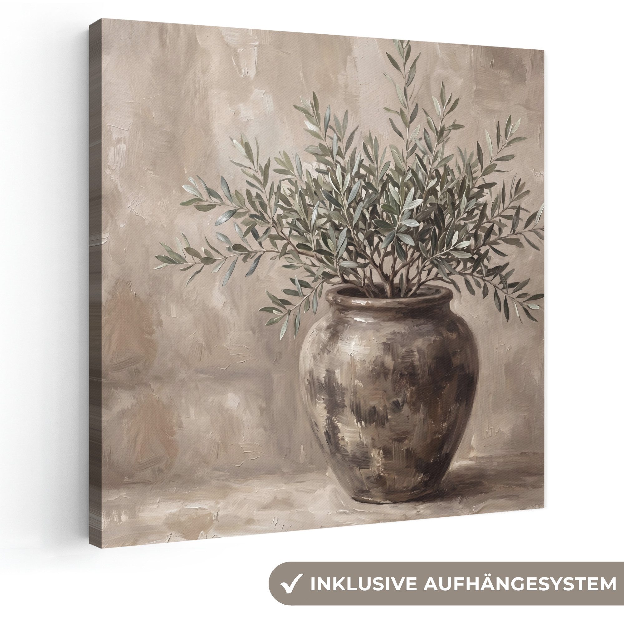 OneMillionCanvasses® Leinwandbild Olivenpflanze - Tontopf - Abstrakt - Beige, Fotodruck (1 St), Wandbild, Deko Schlafzimmer Wohnzimmer Flur 20x20 cm