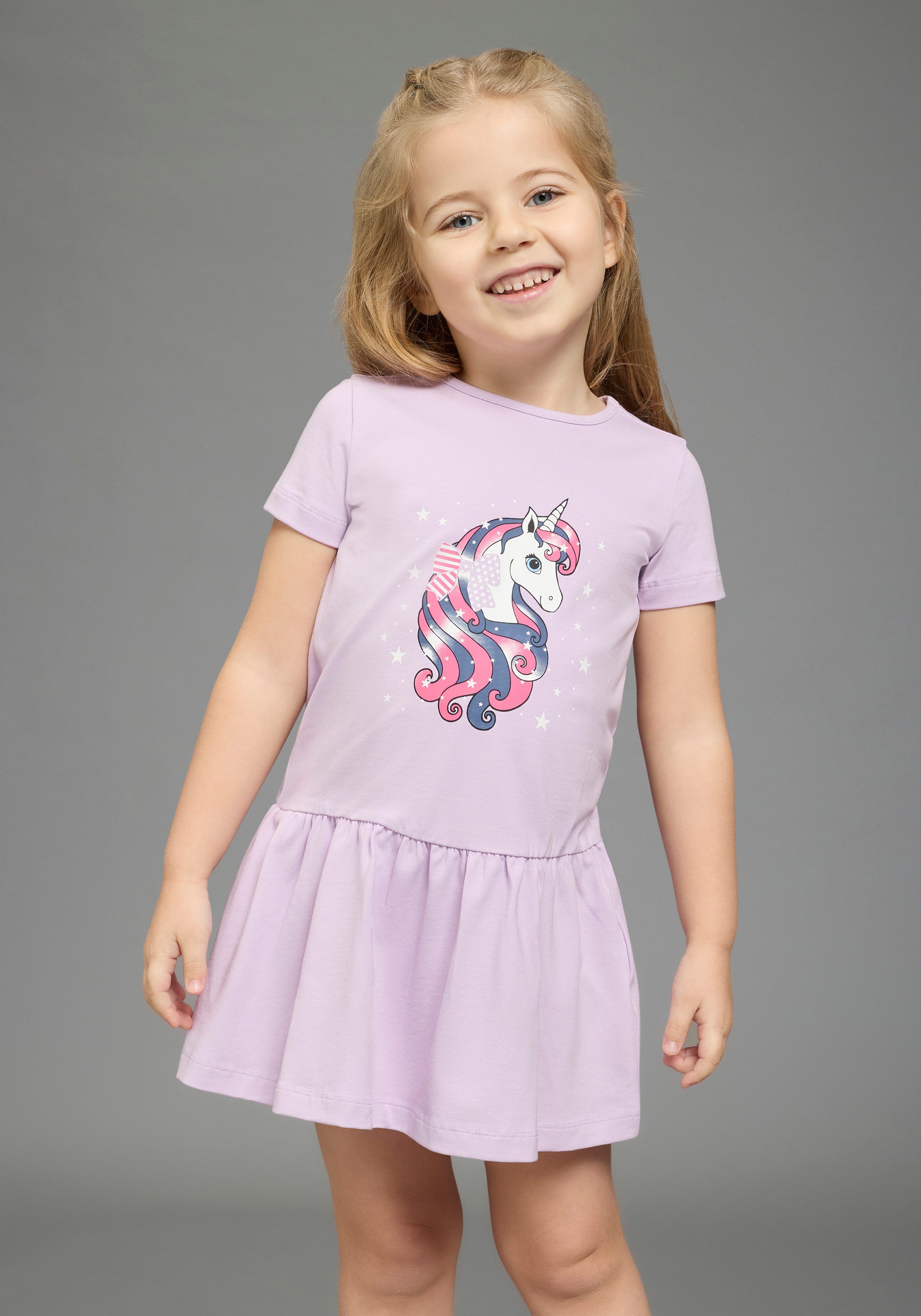 KIDSWORLD Jerseykleid mit Einhorn aus Baumwolle und Elasthan, kurzärmelig