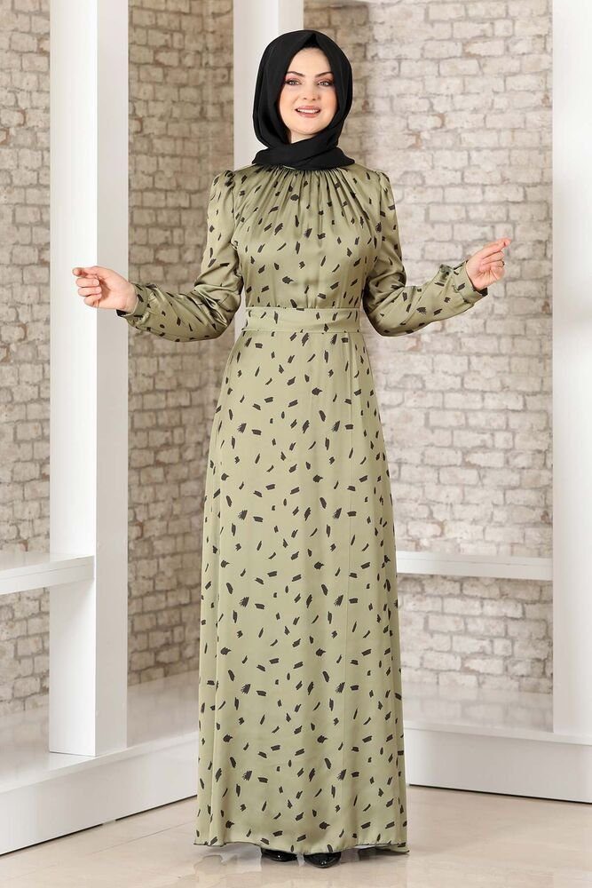 fashionshowcase Satinkleid Abendleid gemustert Hijab Mode Modest Fashion Abaya Stil Abnehmbarer Gürtel