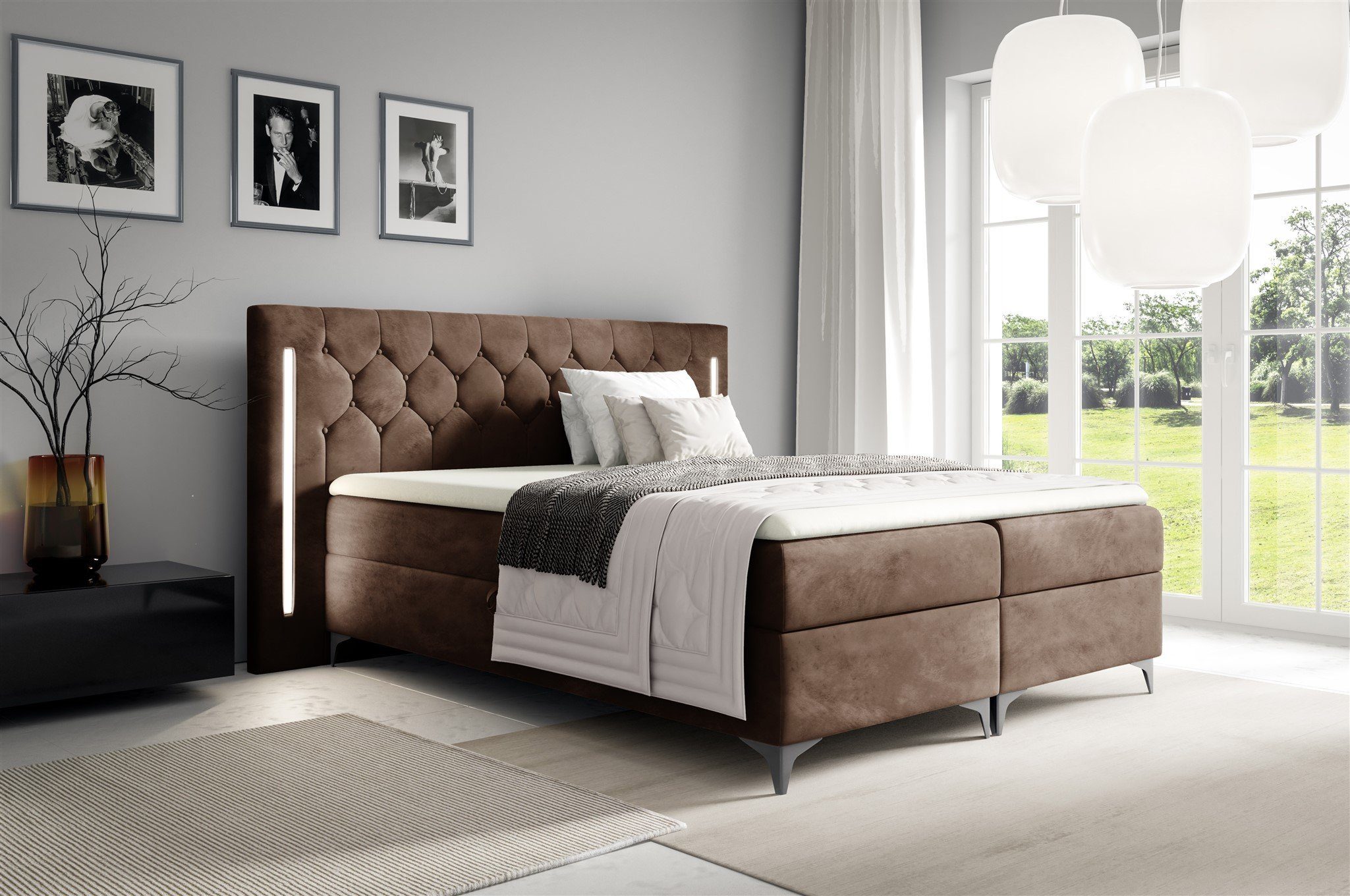Fun Möbel Boxbett Schlafzimmerbett ELODIE in Stoff Monolith oder Fresh Überlänge (inkl. Kaltschaumtopper, inkl. Bettkästen), Ambiente-Beleuchtung LED (Weiß) inkl. Fernbedienung