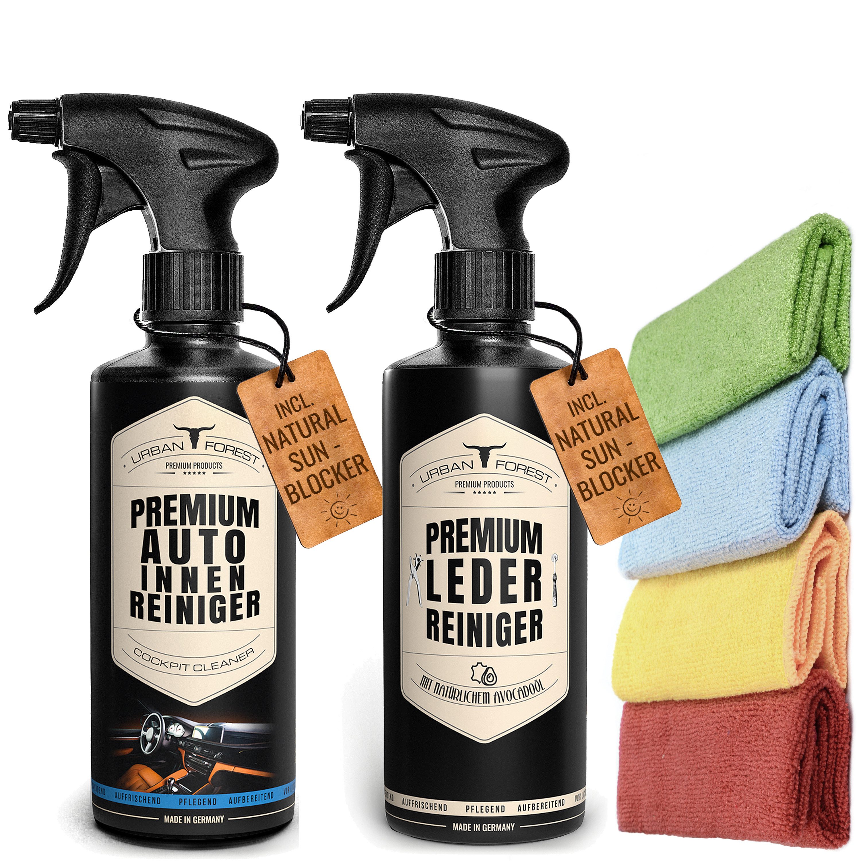 URBAN FOREST Auto Innenraumreiniger 500ml+Auto Leder Reiniger für Auto 500ml+Tücher Auto-Reinigungsmittel (3-St)