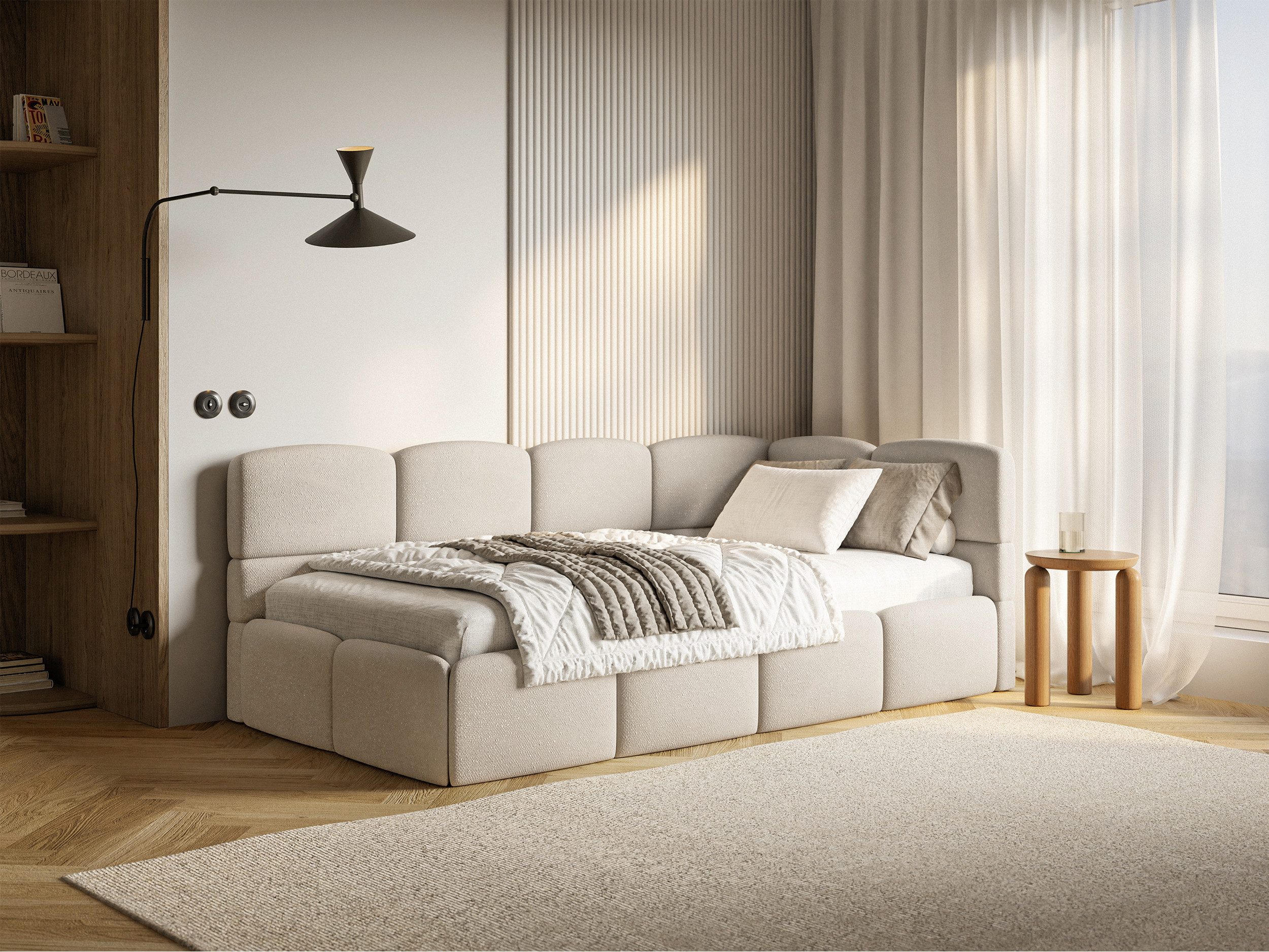 Selsey Jugendbett CLOUDY, Eck-Kopfteil, Matratze & Bettkasten, Chenille hydrophob, 120x200 cm