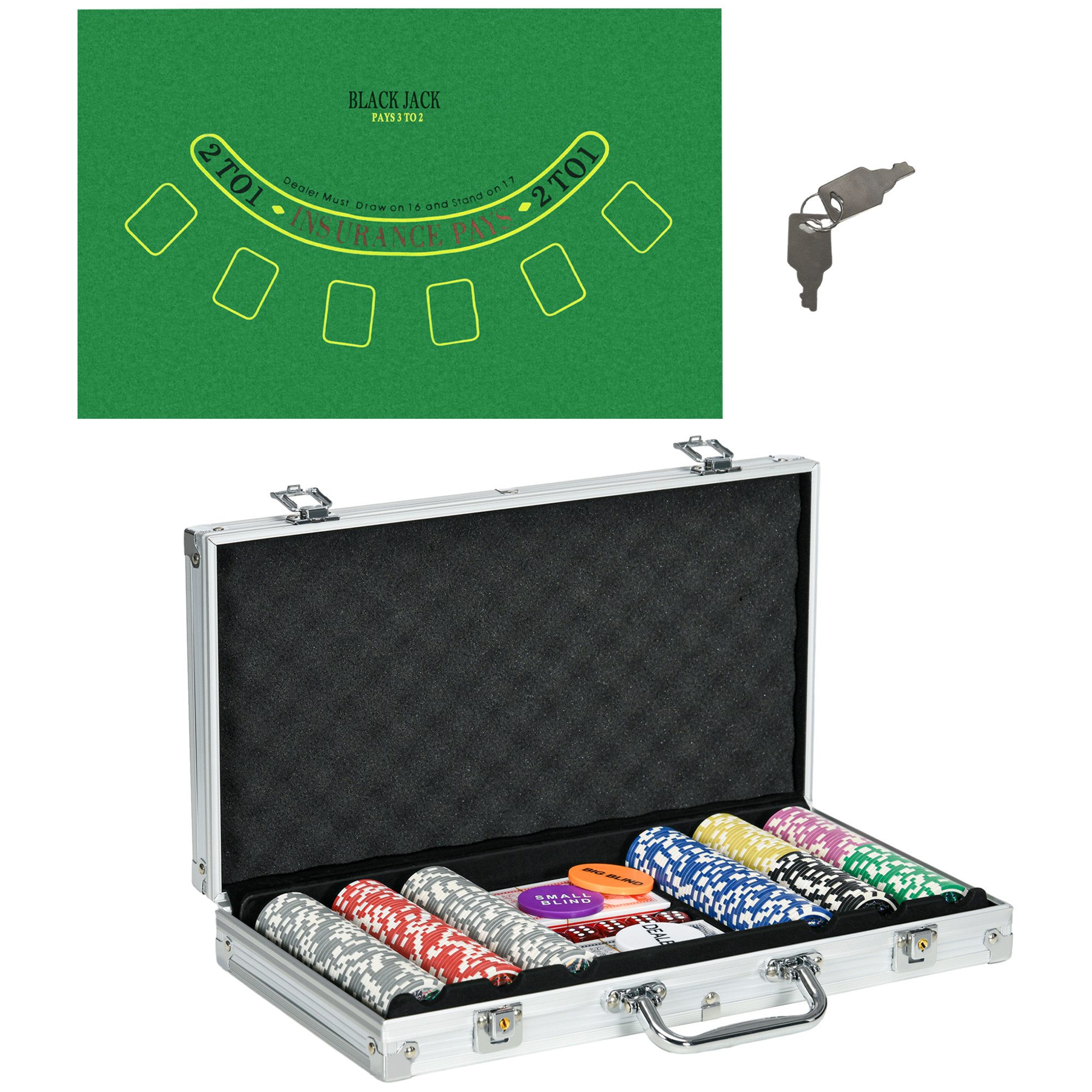 FANNOU Spiel Pokerkoffer Set 300 Chips, Komplett Pokerset mit Schloss, 2 Decks 5 Würfeln Dealer Blind Buttons