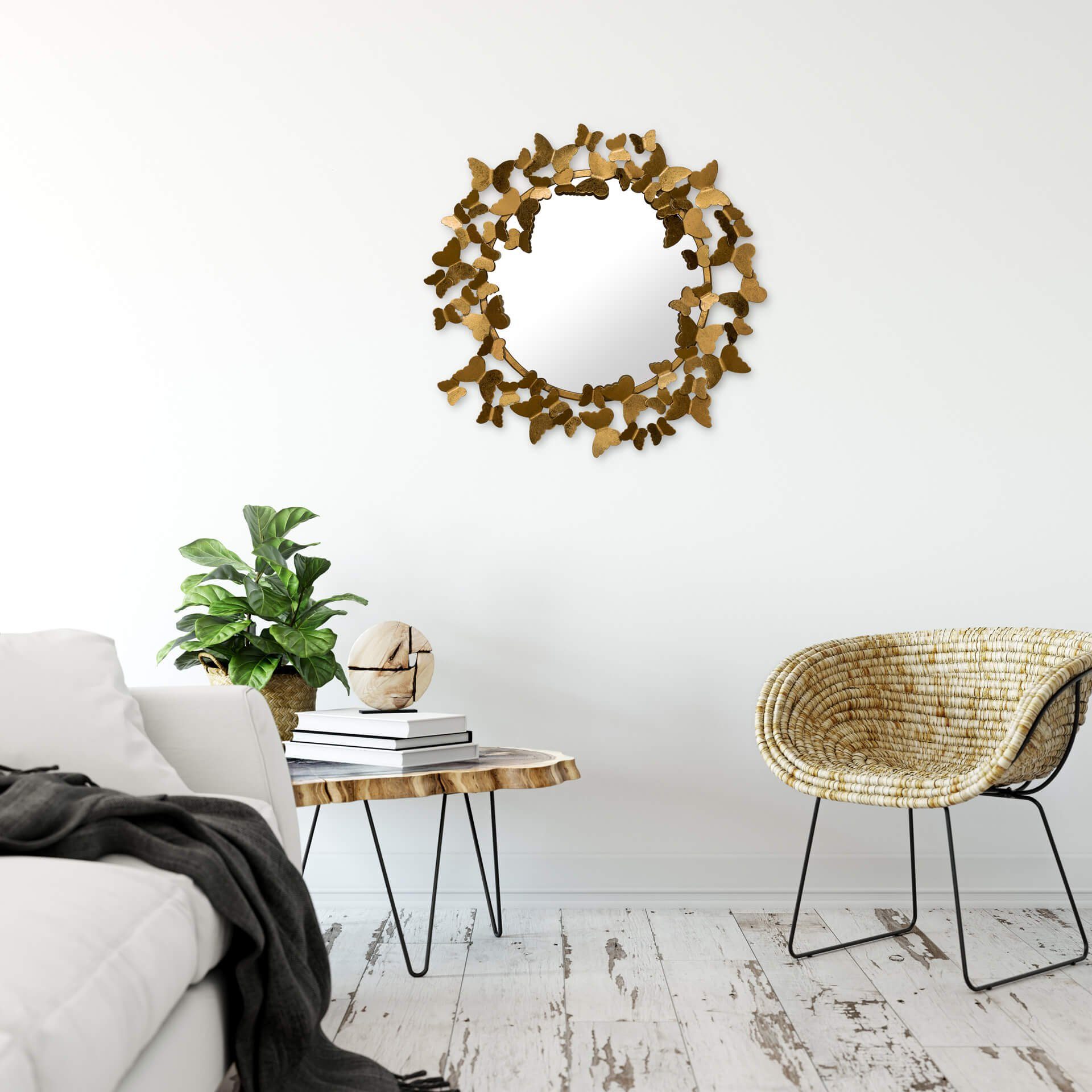 KUNSTLOFT Wandspiegel Gilded Butterflies 63x63x4 cm, handgefertigter Deko-Spiegel aus Metall