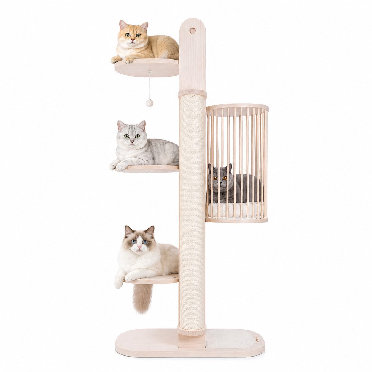 PetRhein Kratzbaum moderner Katzenbaum Skycity aus robustem Massivholz mit Höhle & Ball, 4 Plattformen, Kletterbaum, Katzenmöbel mit Sisal, mit Spielzeug