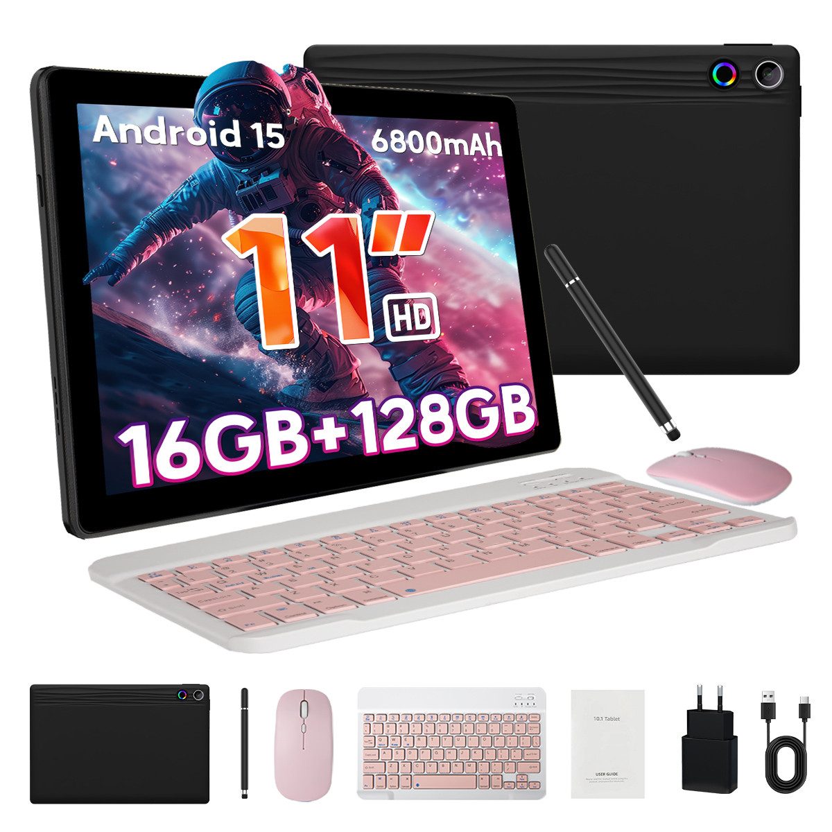 Happybe 11 Zoll Android 15, 128GB 1 TB TF Erweiterbar, HD 1280x800, 6800mAh Tablet (11", 128 GB, Android, 2,4G/5G WiFi, 16(4+12)GB RAM, WiFi 6, Bluetooth 5,3, mit Tastatur, Maus und Stift)