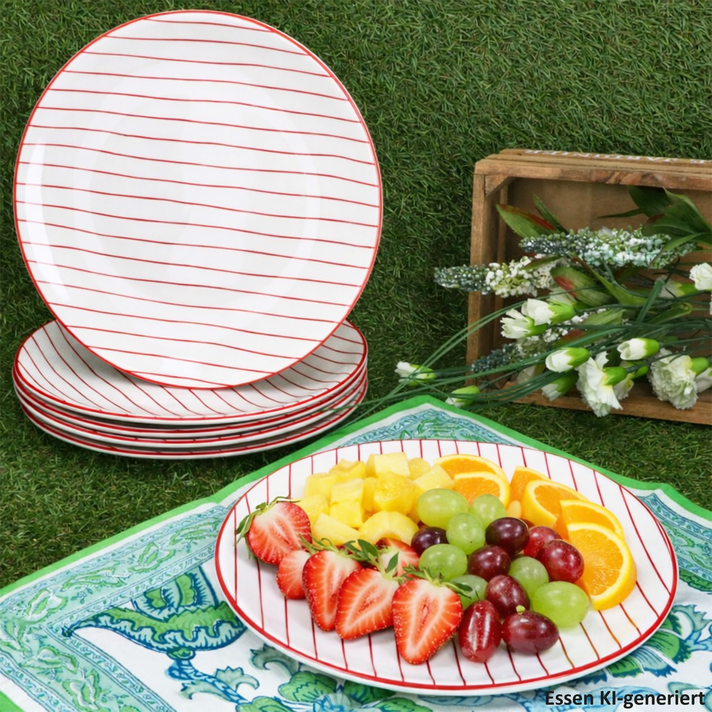 MamboCat Speiseteller MamboCat 6er Set Speiseteller rot gestreift Steingut Ø25,2cm weiß