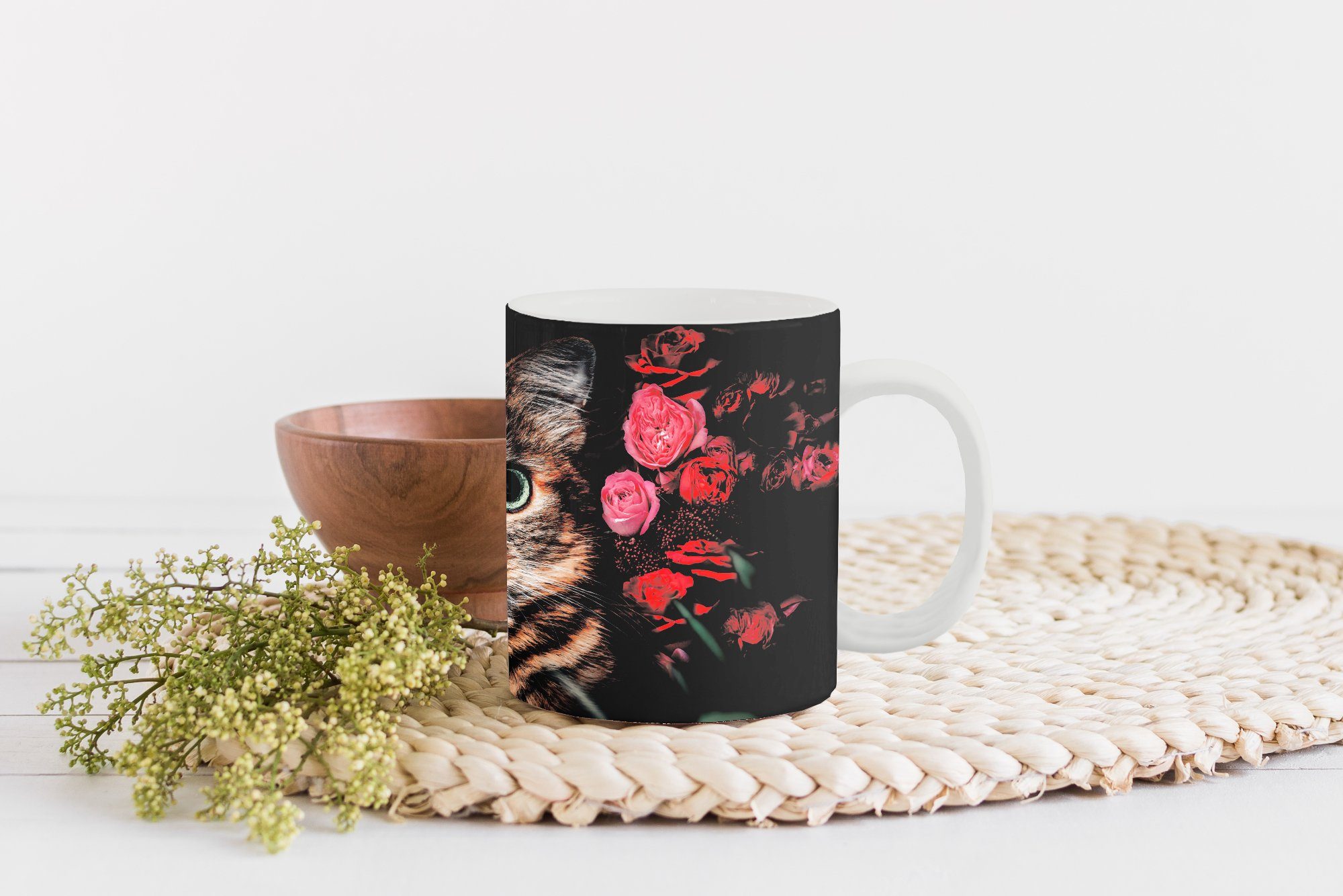 MuchoWow Tasse Katze - Blumen Keramik, Tiere Geschenk Teetasse, - Teetasse, Botanisch, - Becher, Kaffeetassen