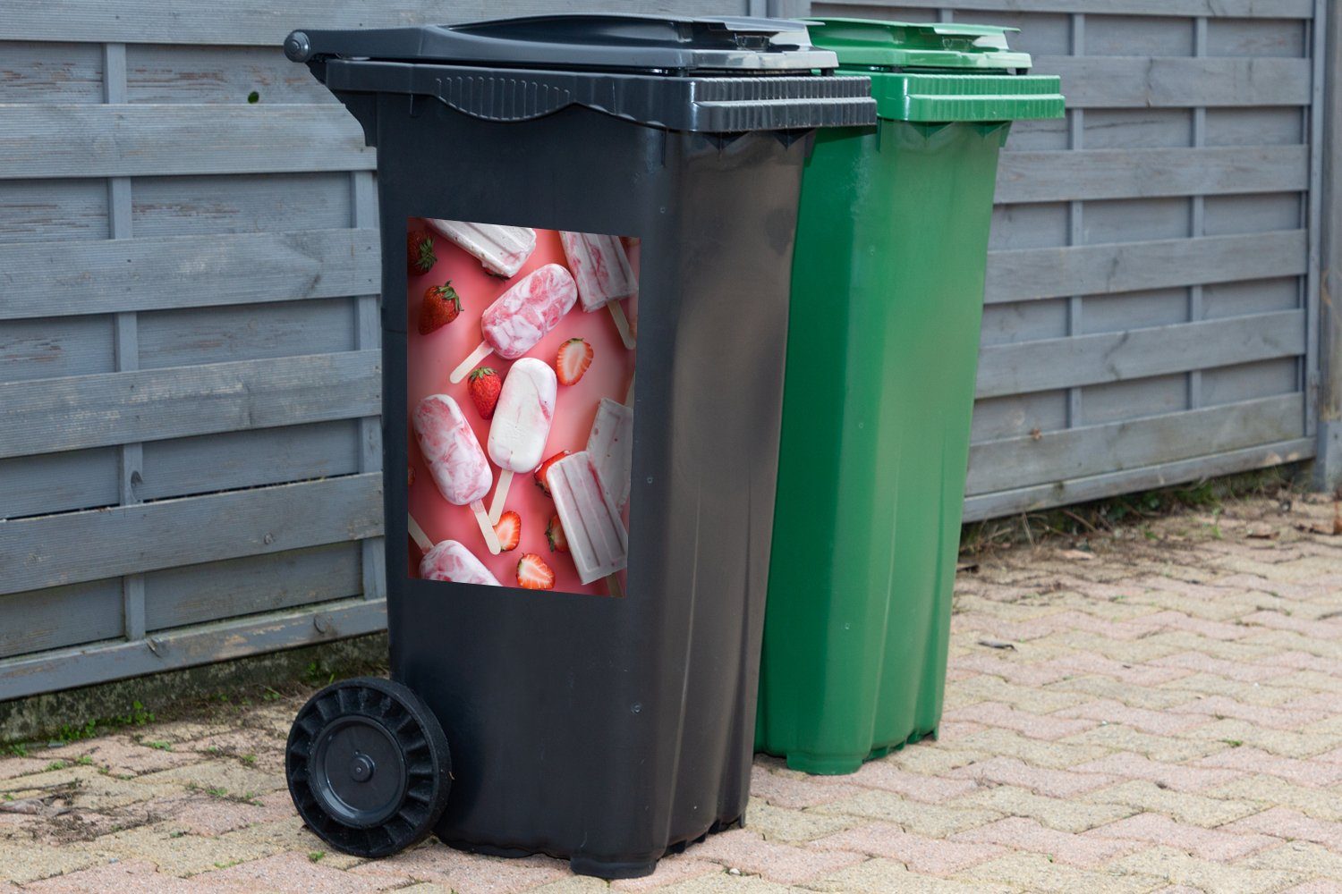 MuchoWow Wandsticker Eis Stiel Container, Erdbeeren mit am (1 Mülltonne, Mülleimer-aufkleber, St), Sticker, Abfalbehälter