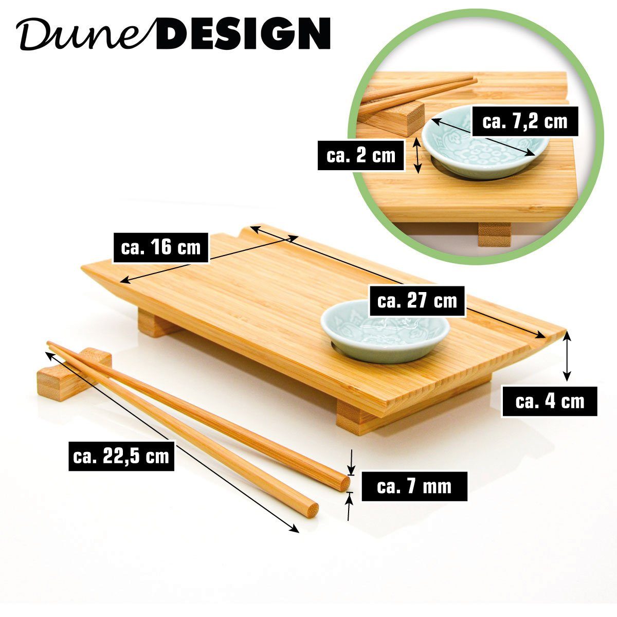 2x Brett Japanisches Servierplatte mit Schälchen Teller Holz, (Set, Bambus DuneDesign Set 27x16x4 Platten, Sushi 10-tlg),