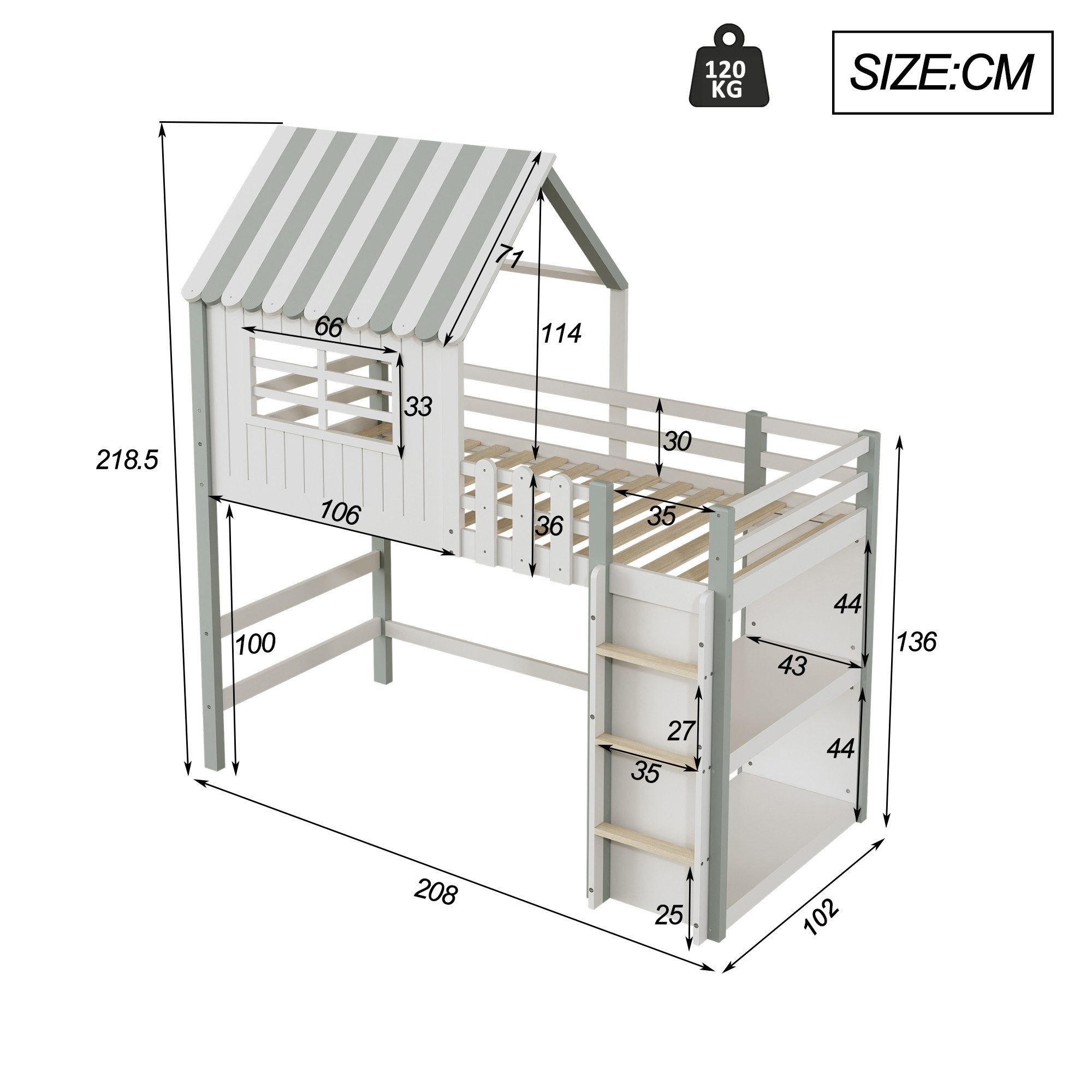 Flieks Hochbett Hausbett Kinderbett 90x200cm mit Sicherheitsleiter und Ablagefach – Bild 4 von 5