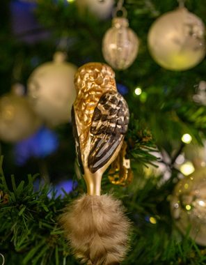 Birds of Glass Christbaumschmuck Glasvogel Waldkauz mit Naturfeder, mundgeblasen, handdekoriert, aus eigener Herstellung