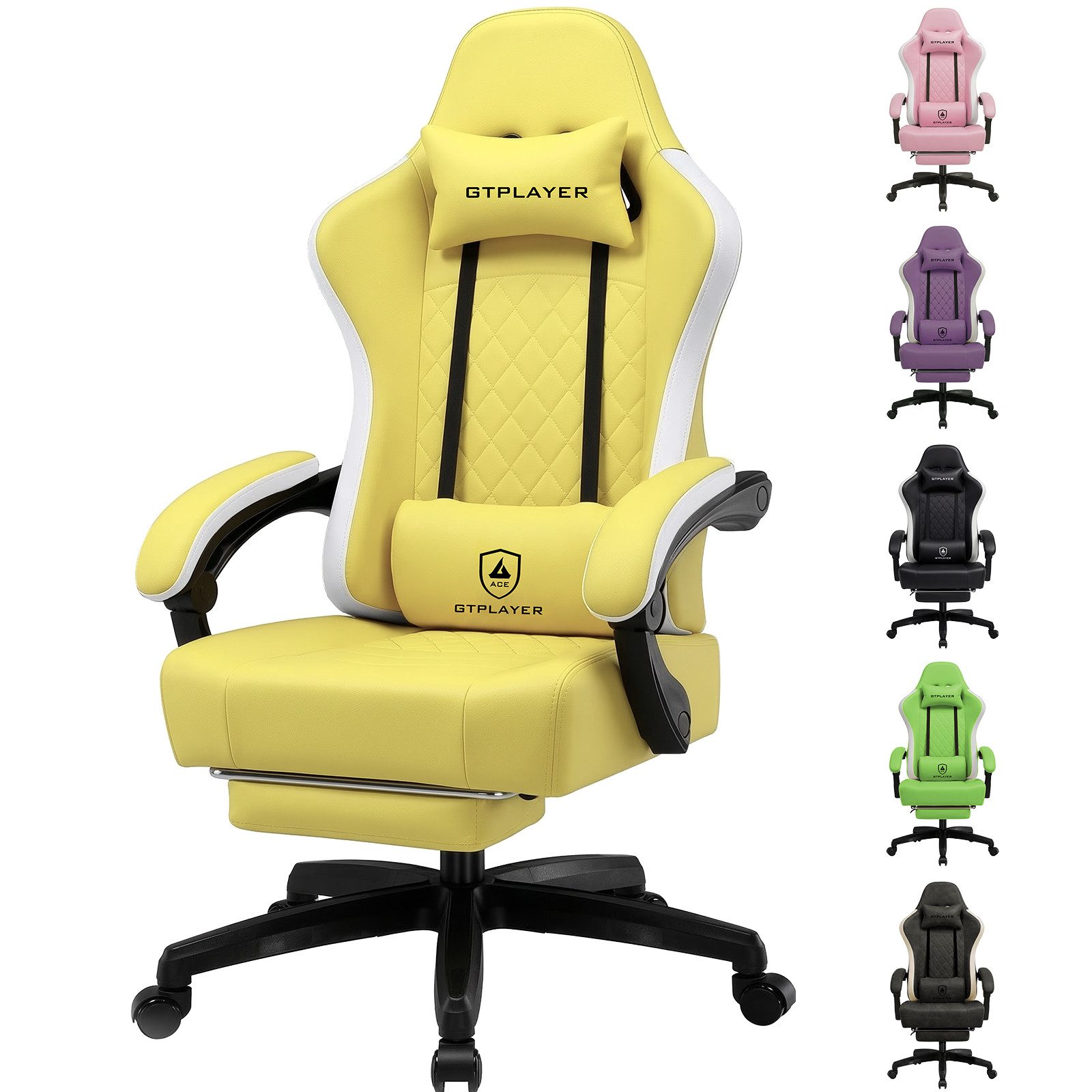 GTPLAYER Gaming-Stuhl Ergonomischer Gaming Sessel Schreibtischstuhl Kunstleder, Federsitzkissen, Verbindungsarmlehnen und Fußstütze 150KG