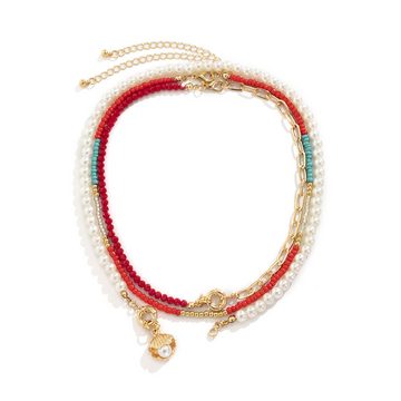 AquaBreeze Perlenkette Geschichtete Perlenkette, handgewebte Halskette im Boho-Stil (1-tlg), Mit Muschel- und Kunstperlenanhänger, Perlenkette für Damen