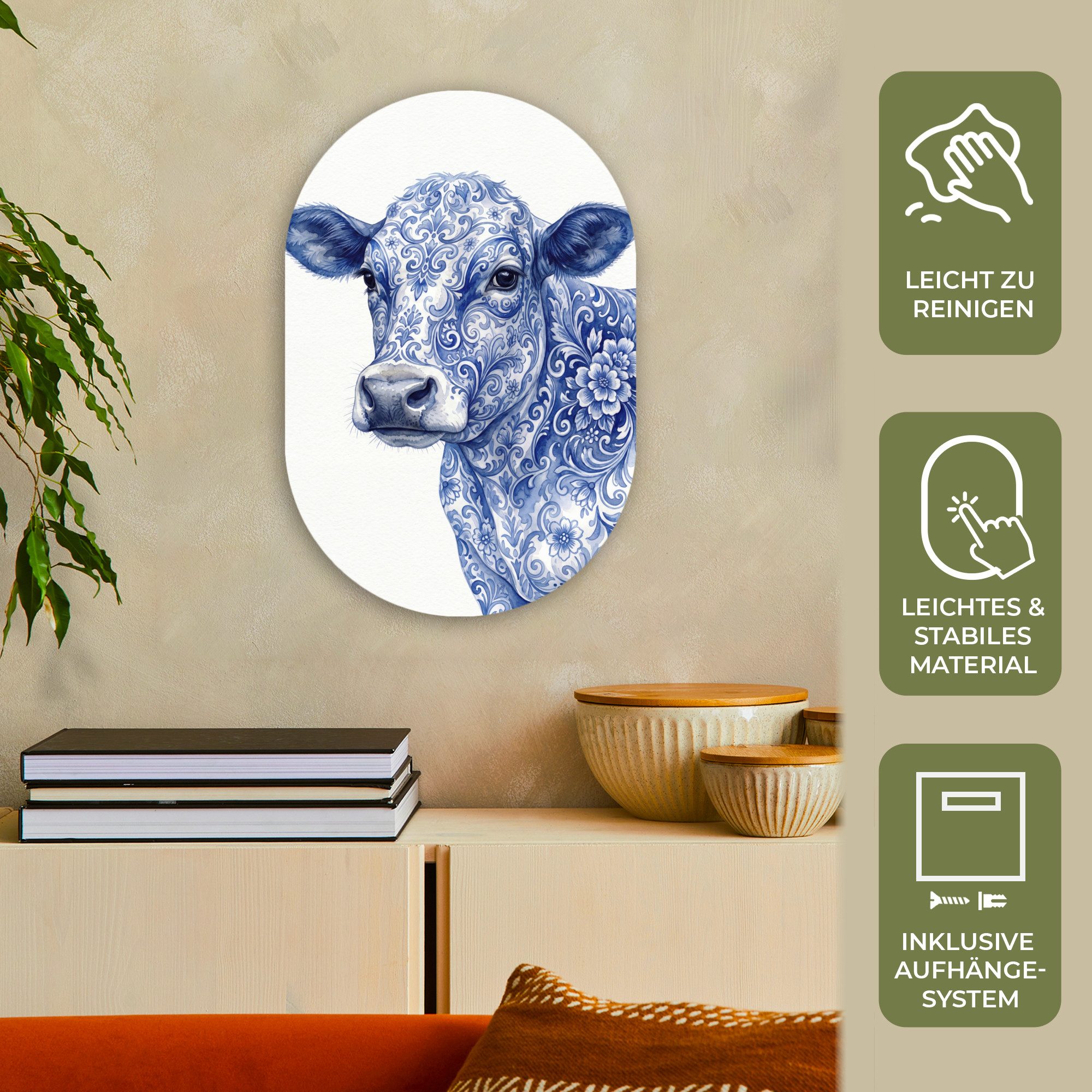 MuchoWow Gemälde Illustration - Kuh - Blau, Fotodruck (1 St), Wandbild Oval, Wohnzimmer oder Schlafzimmer Wanddekoration, 40x60 cm