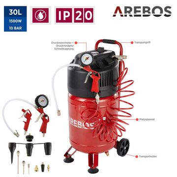 Arebos Druckluftgeräte-Set 30L Druckluftkompressor stehend, inkl. Zubehör, Wartungsarm, 13-tlg., Ölfreier Kompressor für lange und wartungsarme Lebensdauer