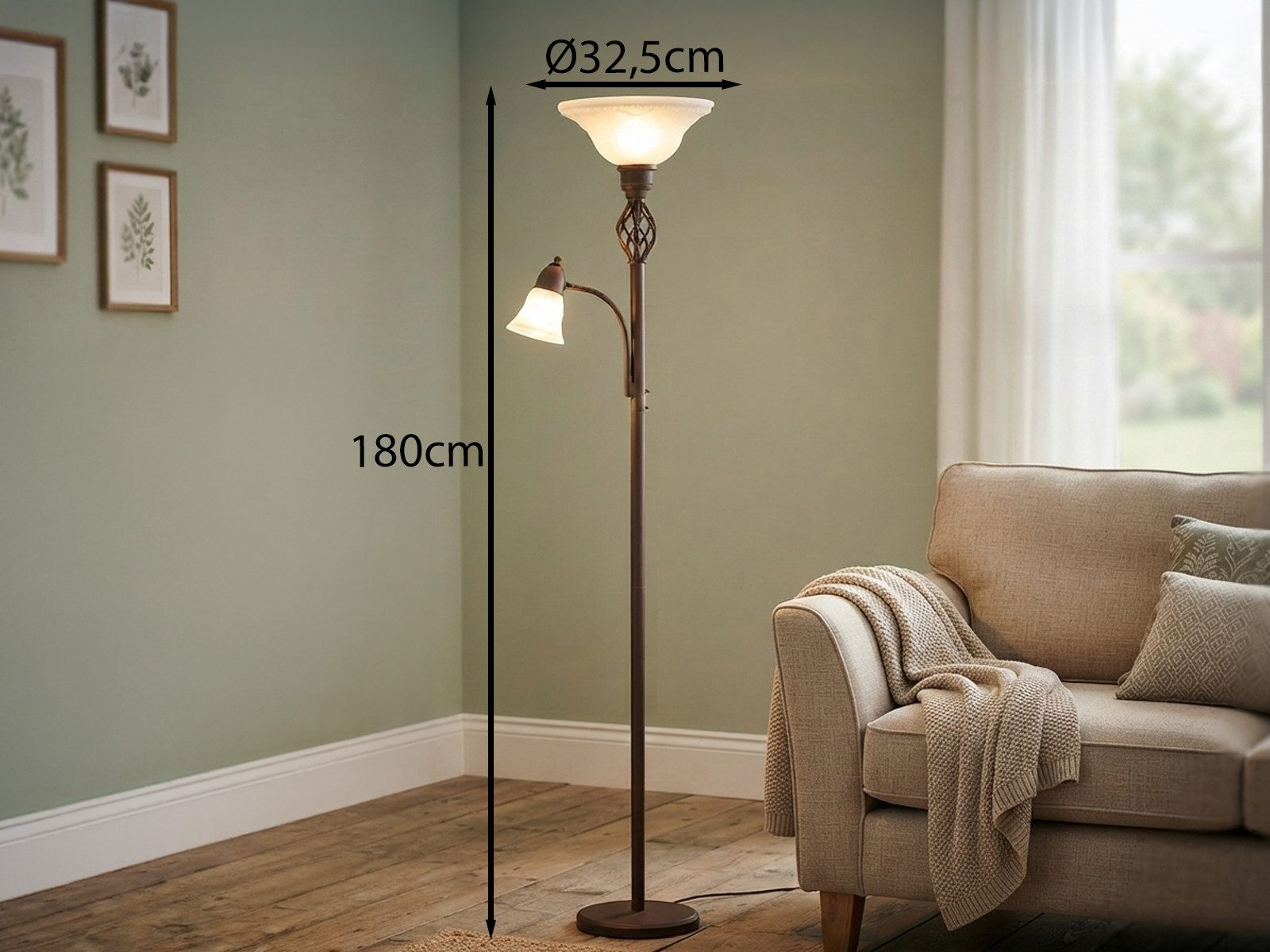 TRIO Leuchten LED Deckenfluter mit Leselampe & Glasschirm, Höhe 180cm, dimmbar, LED wechselbar, Warmweiß, große Stehlampe zum Lesen, Landhausstil Wohnzimmer Lam – Bild 3 von 5