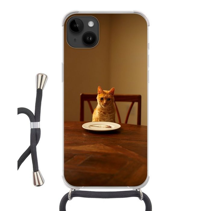 MuchoWow Handyhülle Katze - Esstisch - Teller Handyhülle Telefonhülle Apple iPhone 14 Plus