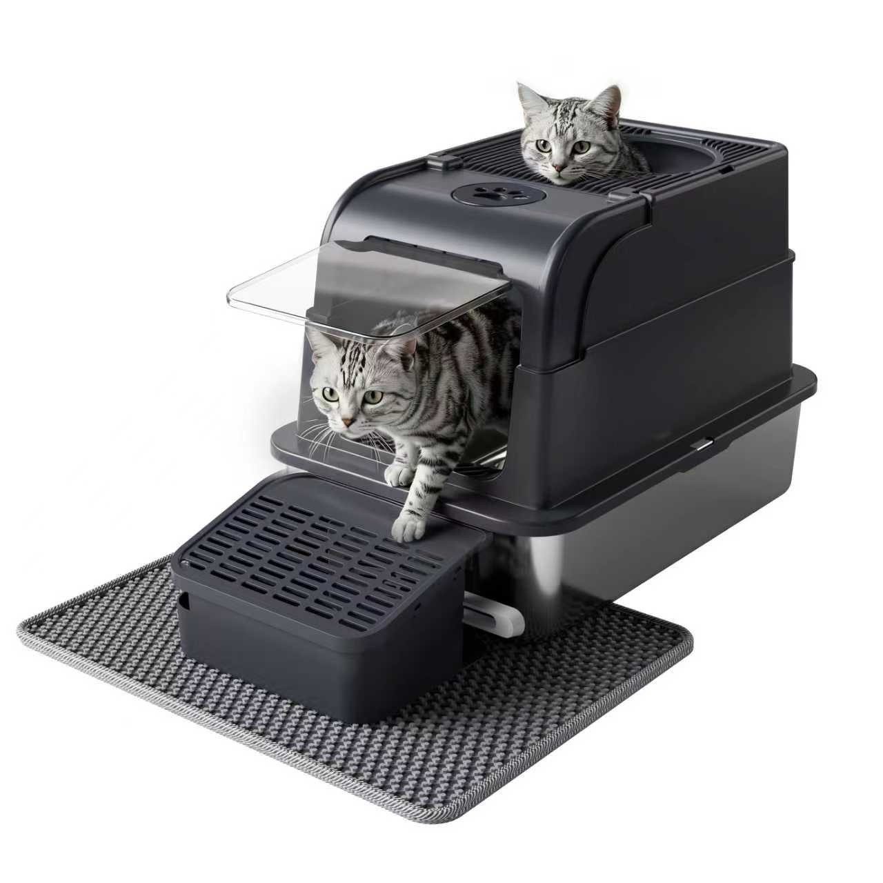 Warenhammer Katzentoilette Edelstahl - Katzenklo XXL Premium mit Deckel 3 in 1 Katzentoilette, 60 x 46 x 41 cm / komplett geschlossen / Inkl. Rampe und Streumatte