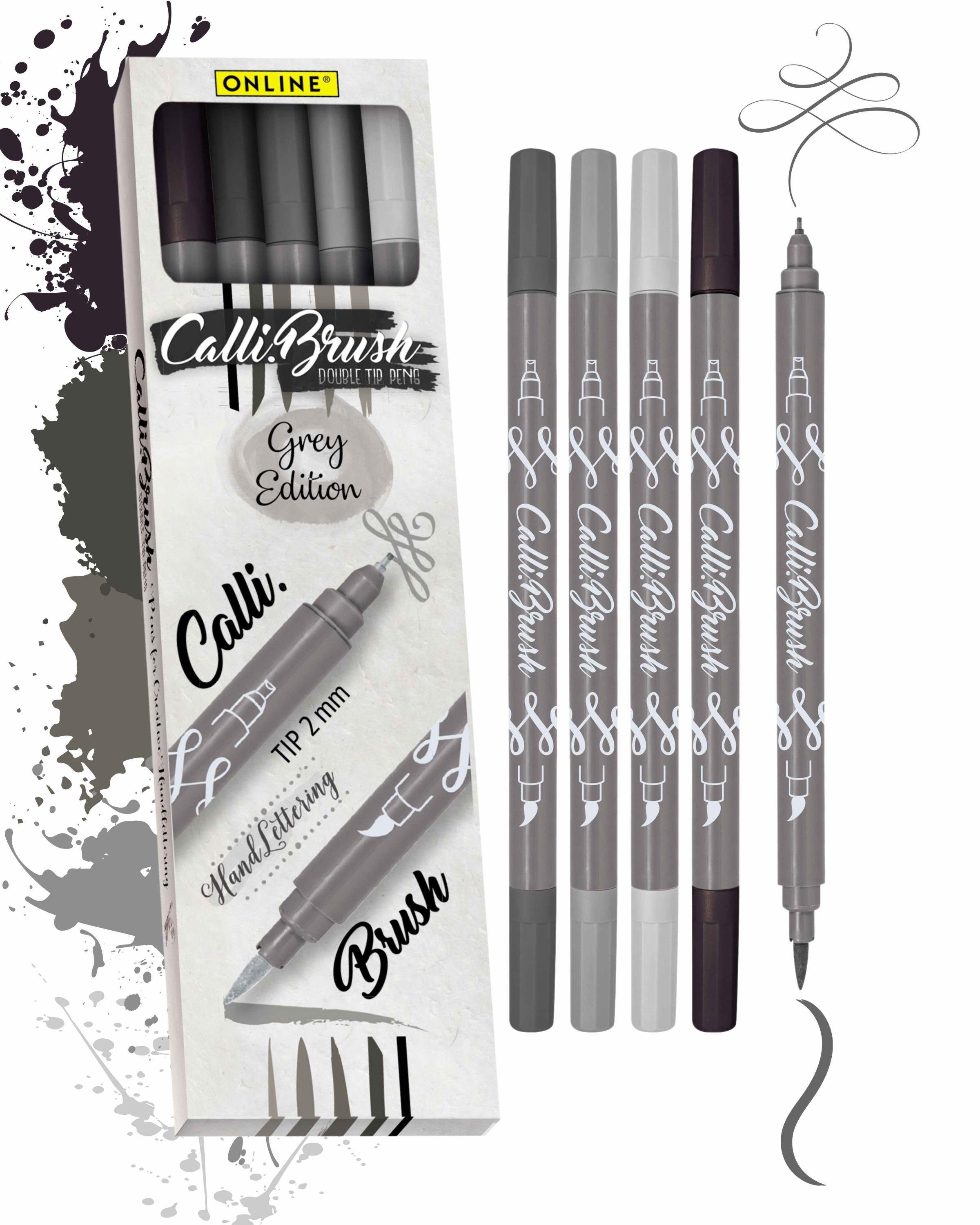 Online Pen Fineliner Calli.Brush, 5x Handlettering Stifte Set, bunte Brush Pens, verschiedene Spitzen Grey