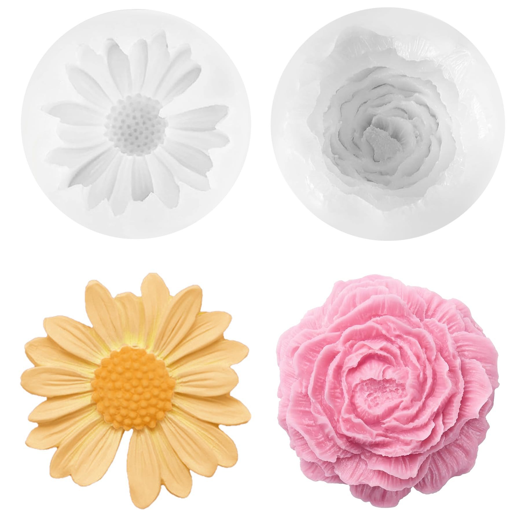 Diwzbyn Silikonform Silikonform Kerzen 2er Set, 3D Blumen Kerzengießform, (2-tlg), Pfingstrose & Gänseblümchen für DIY Kerzen, Seife und Resin