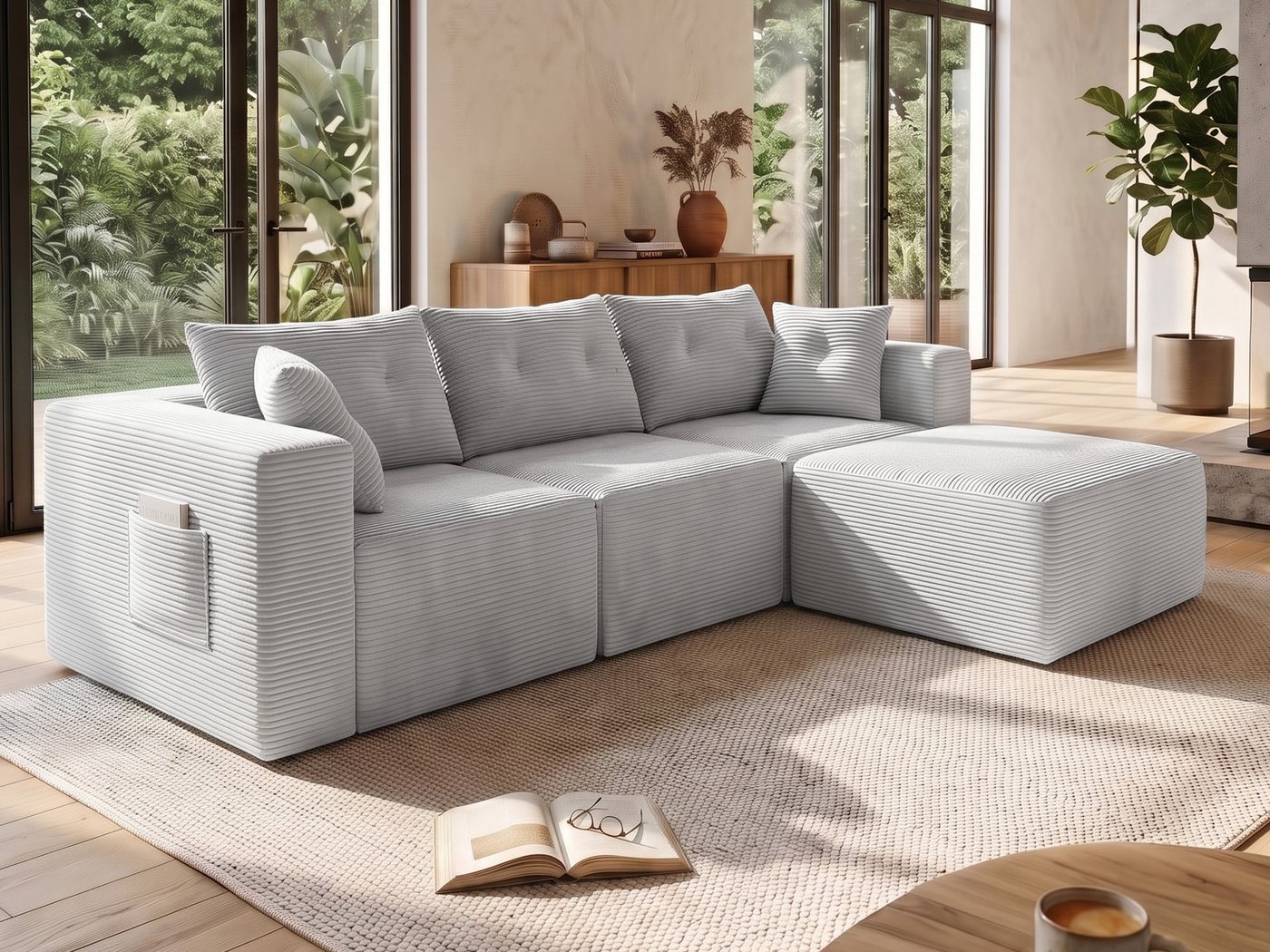 GLP Ecksofa Modulares Ecksofa 254 cm aus Cord, kompakte L-Form mit Hocker, 4 Module frei kombinierbar, 70 cm Sitztiefe, 254 cm breit, gepolstert, vakuumiert, für modernes Wohnen