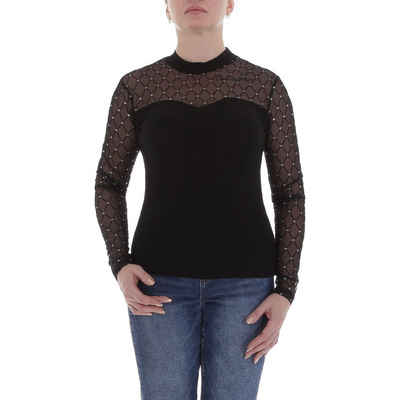 Ital-Design Langarmbluse Damen Elegant Glitzer Transparent Top & Shirt in Schwarz