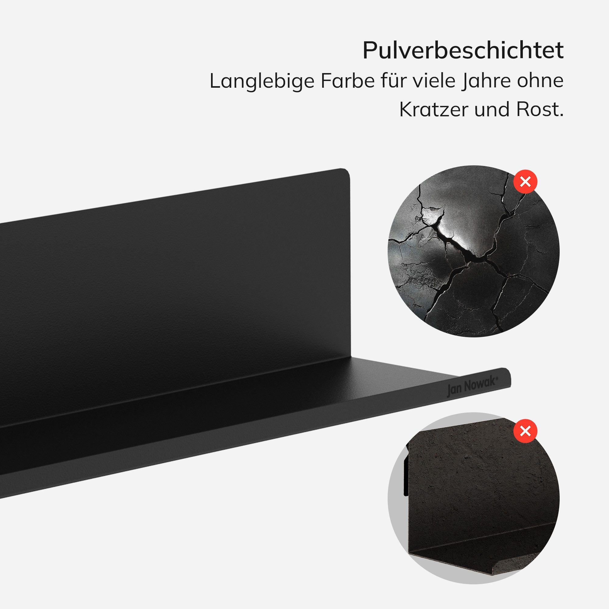Jan Nowak Wandregal Metall Hängeregal 70 cm JOANNE verstecktes Befestigungssystem, Stahl 1,1 mm kaltgewalzt pulverbeschichtet 70 x 15 x 15 cm, Hängeregal abgerundet volle Rückwand 9 Farben modular