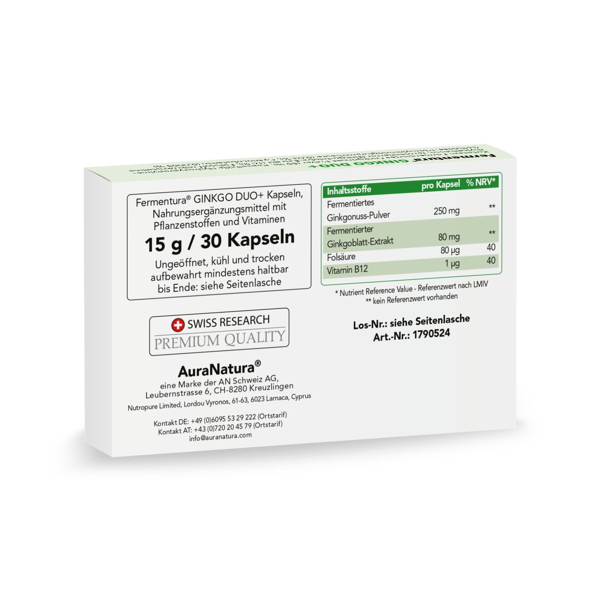 Aura Natura Fermentura Ginkgo Duo Plus - Ginkgo Biloba Kapseln mit Vitamin B12 Kapseln, 1 er Packung à 30 St., Ginkgo Biloba Kapseln