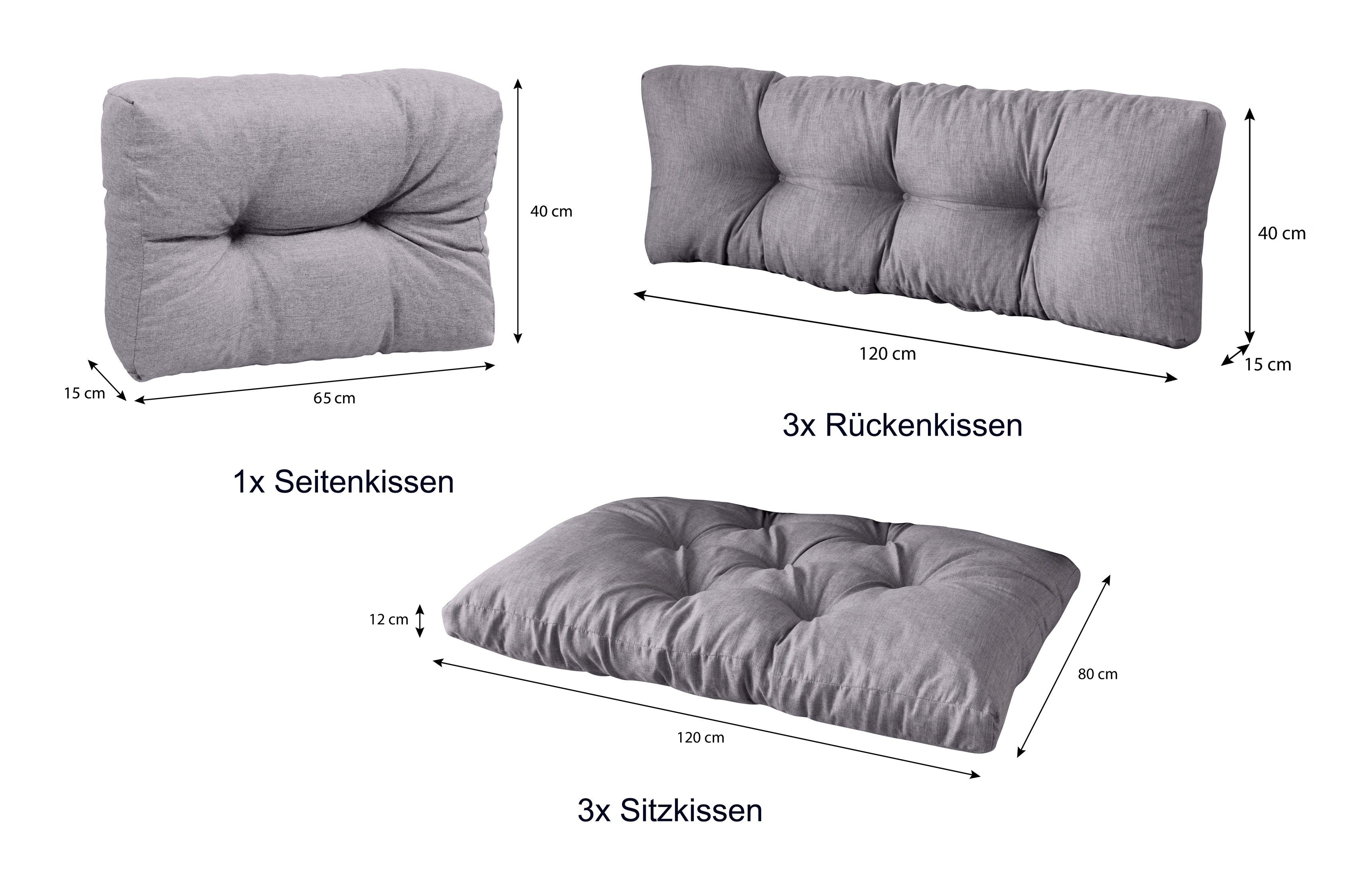 3x Palettenkissen x Grau Rückenkissen palettencouch polsterauflage 120 3x Seitenkissen, + Sitzkissen palettenmöbel 80 Set: sunnypillow 7er + 1x