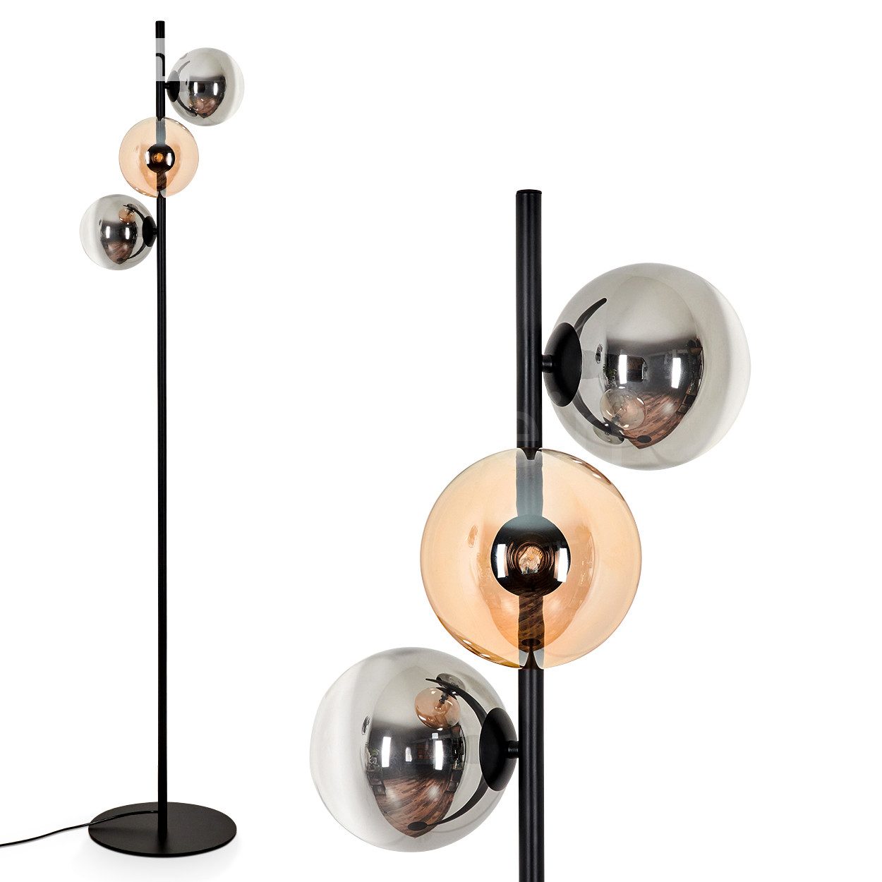 hofstein Stehlampe Stehlampe aus Metall/Glas in Schwarz/Rauch/Klar/Bernstein, ohne Leuchtmittel, Leuchte mit Glasschirmen (15cm), Fußschalter, 3xG9, ohne Leuchtmittel