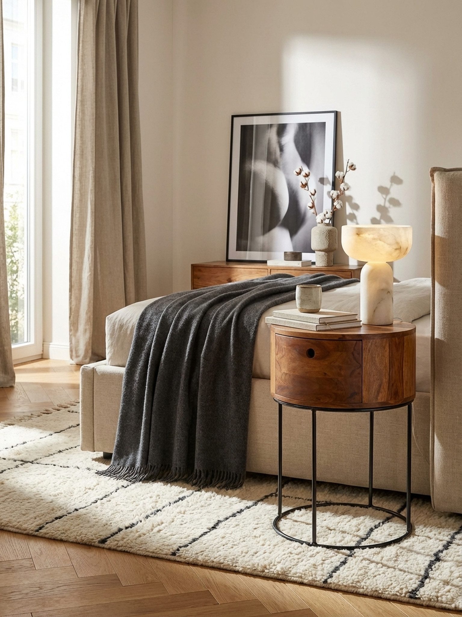KADIMA DESIGN Nachttisch Nachtkonsole mit Schublade aus Massivholz, rund, modern, vormontiert (Handgefertigt aus Naturmaterial, ideal als Beistelltisch nutzbar) – Bild 3 von 5