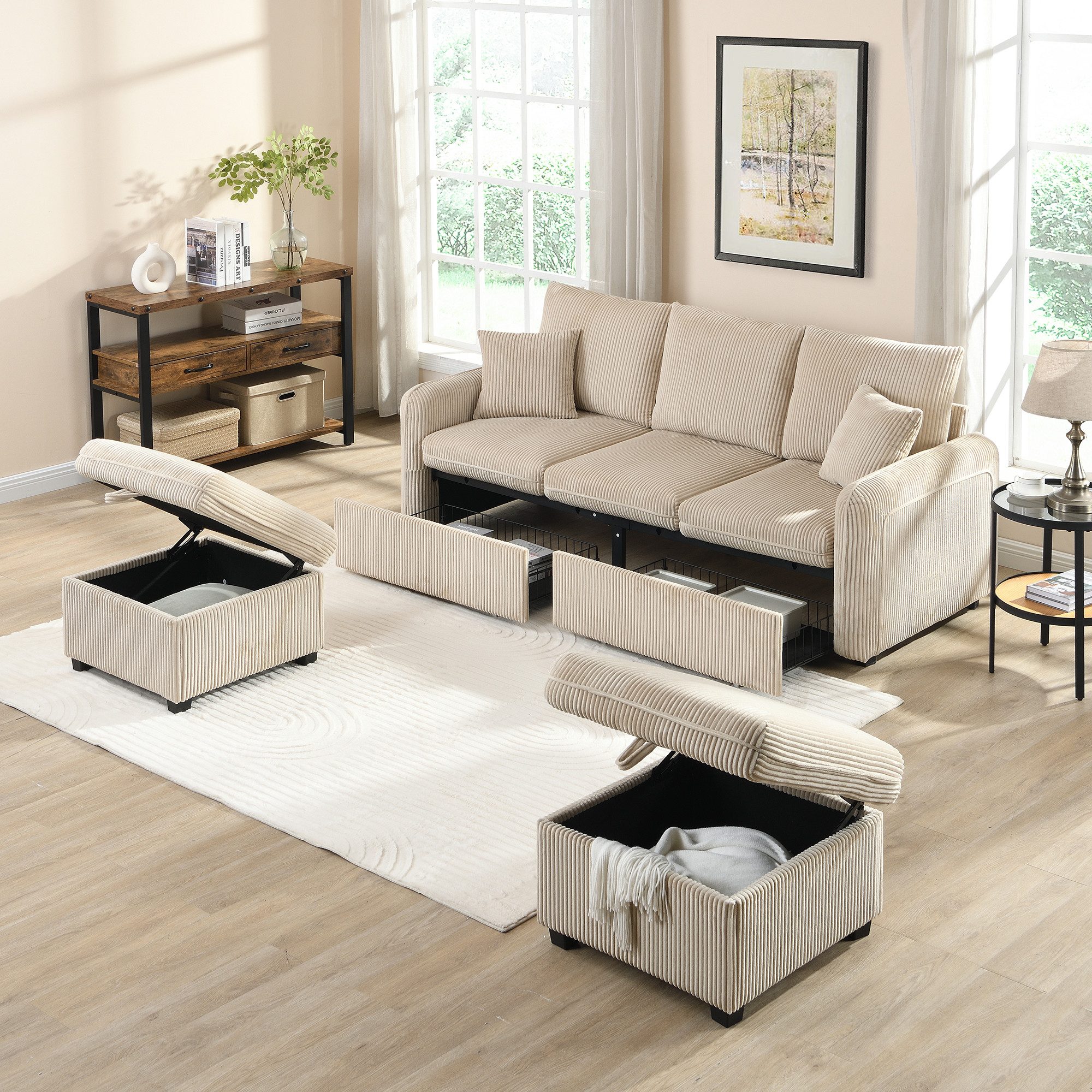 OKWISH Ecksofa U-Form-Dreisitzer mit Staufunktion, Wohnzimmersofa, Polstersofa, Inklusive Schubladen + Hocker mit Staufach