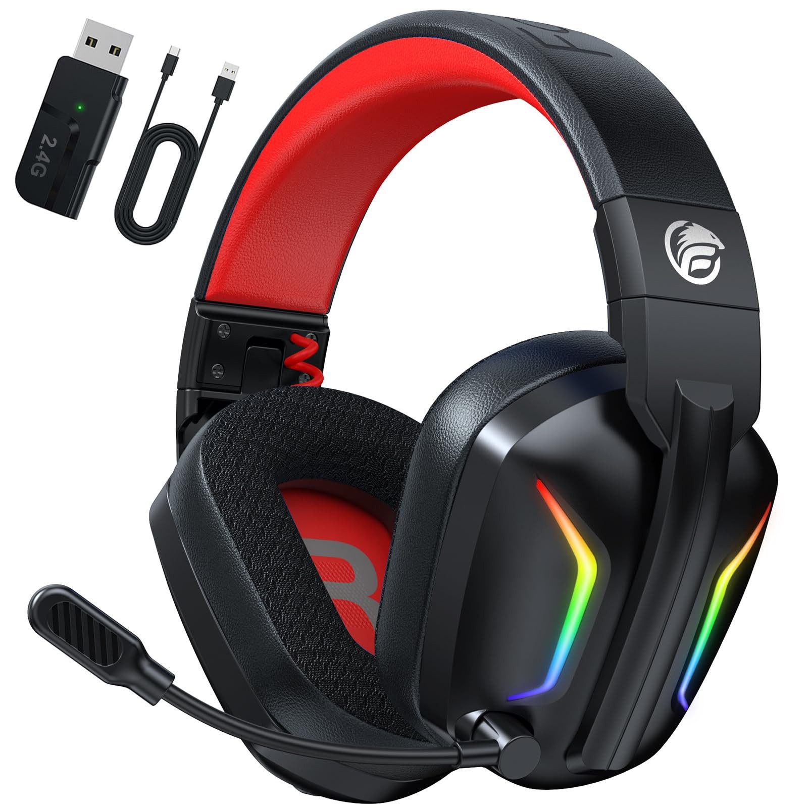 Fachixy Mikrofon, 2,4G Wireless Bluetooth Kopfhörer kabellos LED Licht Gaming-Headset (ENC-Rauschunterdrückung, Stummschaltung, LED-Beleuchtung, Game- und Musikmodus, faltbar, Bluetooth und 2,4G Wireless, 2,4 GHz, mit Surround Sound Faltbarer Bluetooth LED Licht Über 50H+Akkulaufzeit)