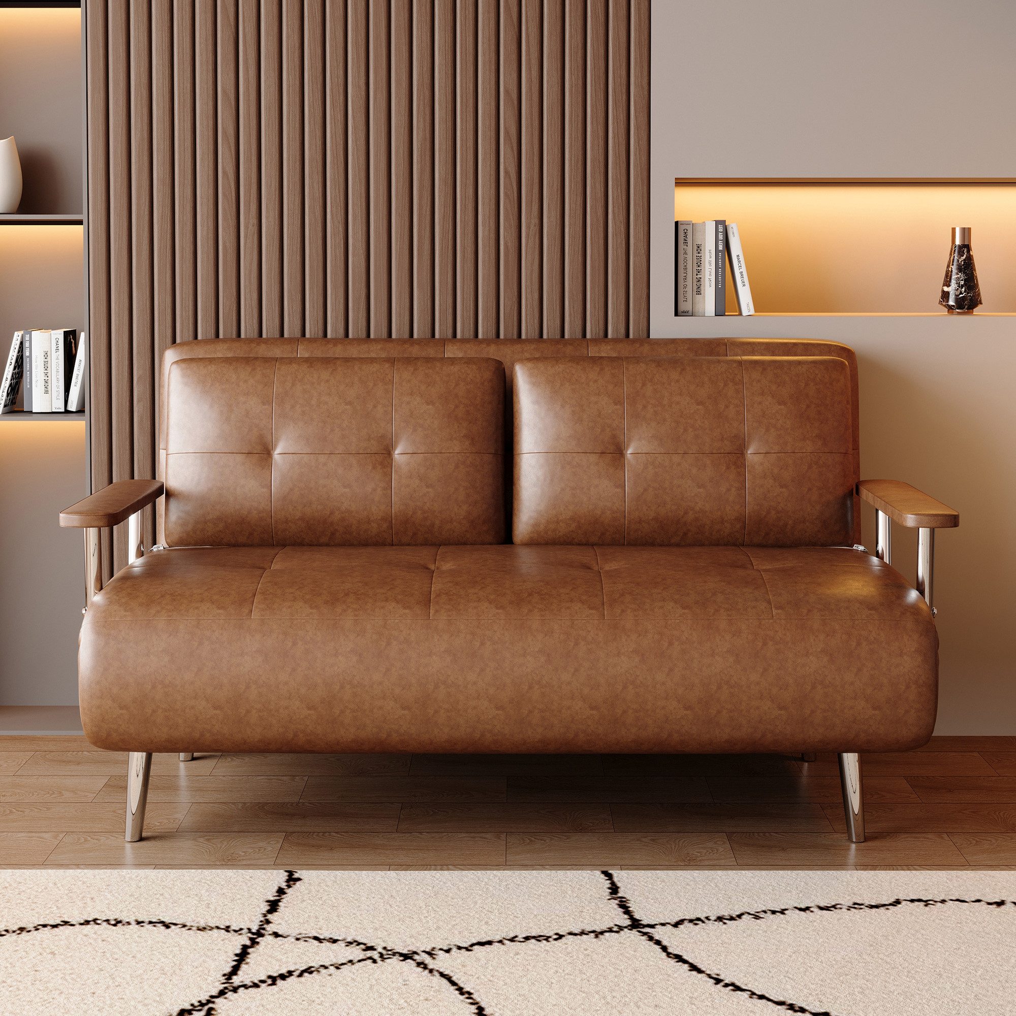 oleyluckidea Schlafsofa 150cm,Lederoptik Sofa ausziehbare Schlafcouch mit Schlaffunktion,braun, Zum Bett umwandelbar, Bettfunktion, Sofabett