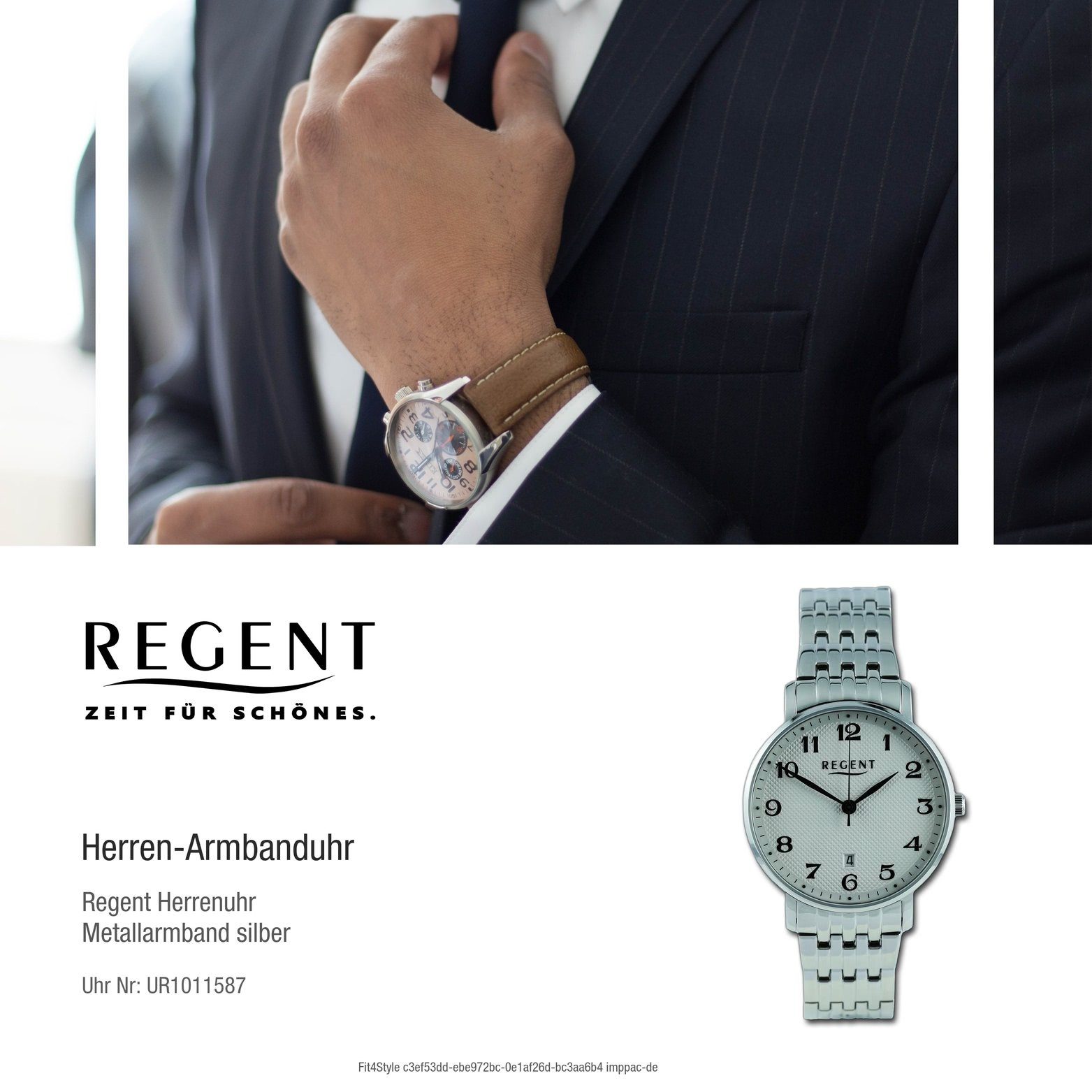 Regent Quarzuhr Regent Herren extra silber, Gehäuse, 39mm) Analog, Metallarmband Herrenuhr groß rundes Armbanduhr (ca