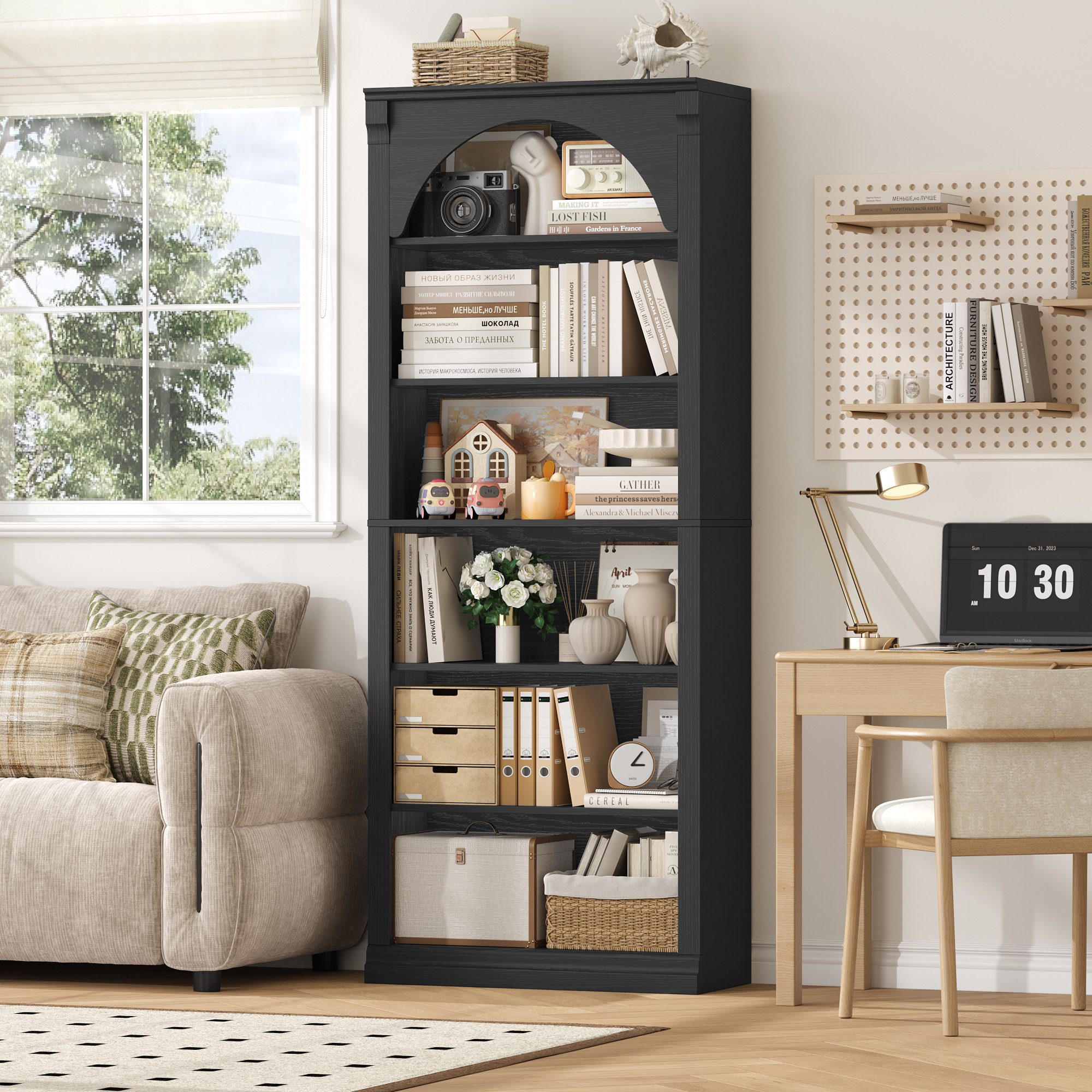 Homfa Bücherregal gewölbtes Bücherschrank, Standregal mit 6 Fächern 75x28x186cm Schwarz – Bild 5 von 5