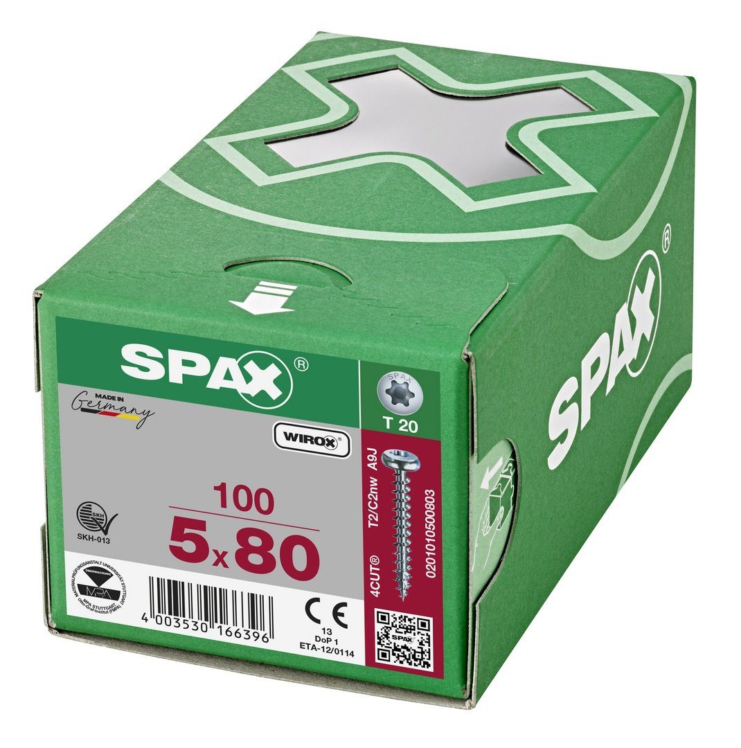 SPAX Spanplattenschraube Universalschraube, (Stahl 100 mm St), verzinkt, 5x80 weiß