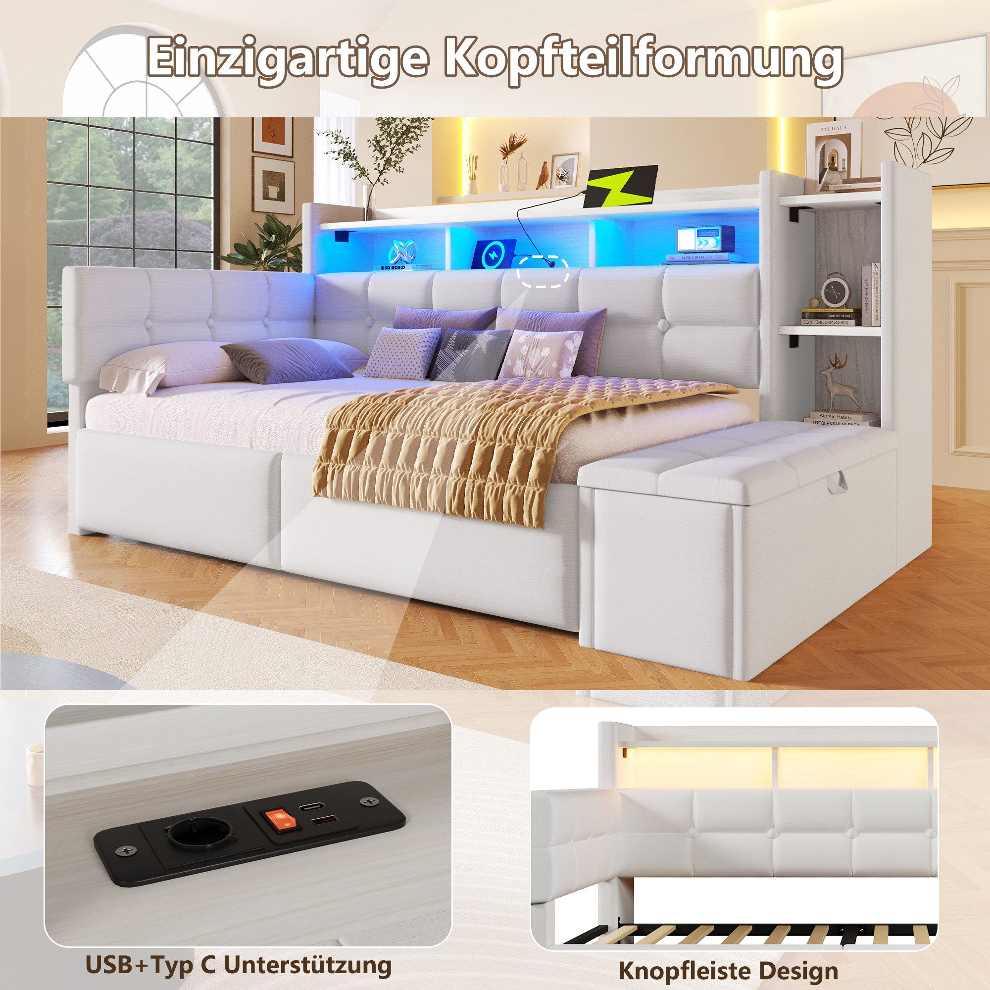 Flieks Daybett, Polsterbett 90×190cm mit LED, Aufladen, 2 Schubladen und Polsterbank