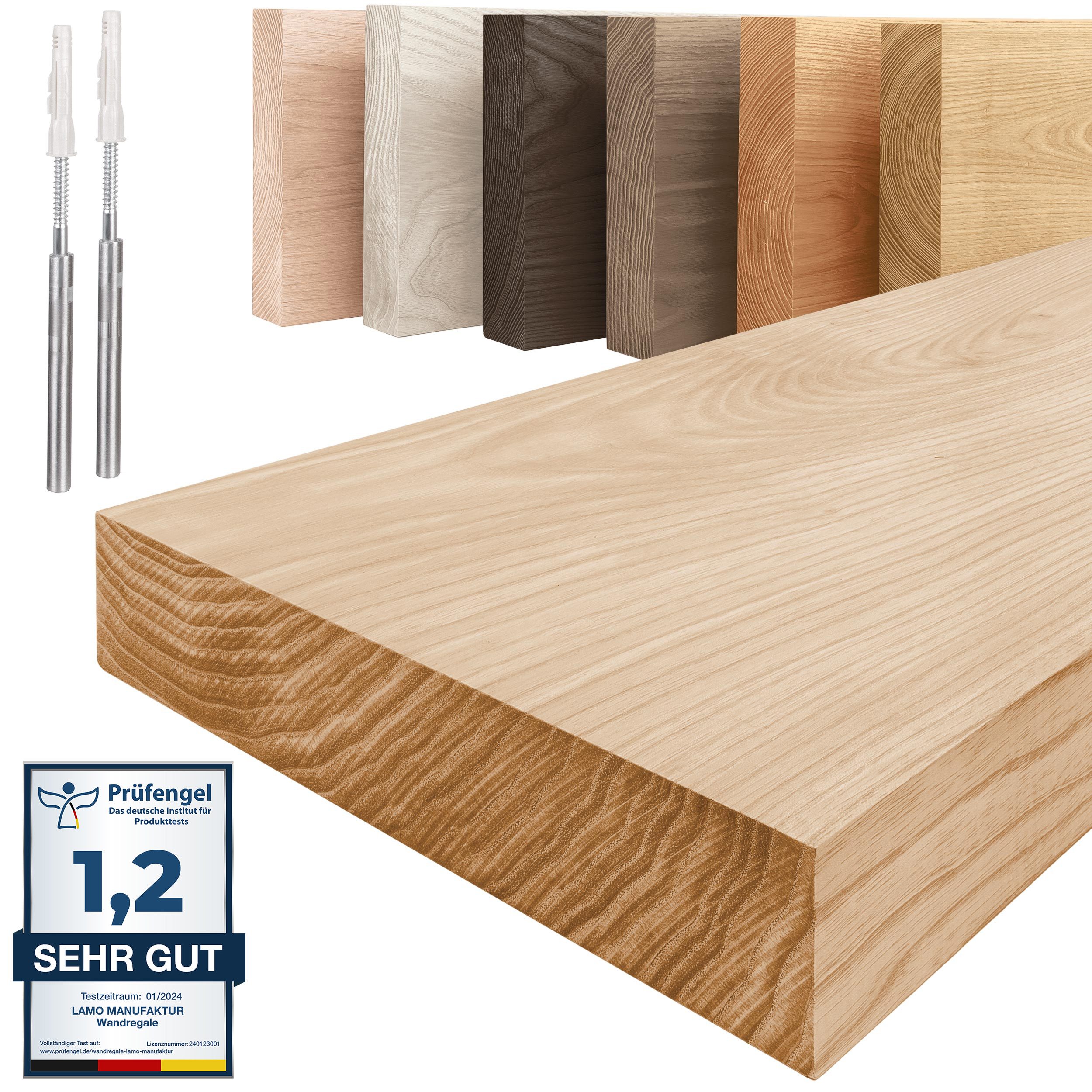 LAMO Manufaktur Wandregal Holz Gerade, Regal Farbe: Natur, Invisible: Schweberegal, 60 cm, Komplett-Set, 40mm stake Massivholzplatte