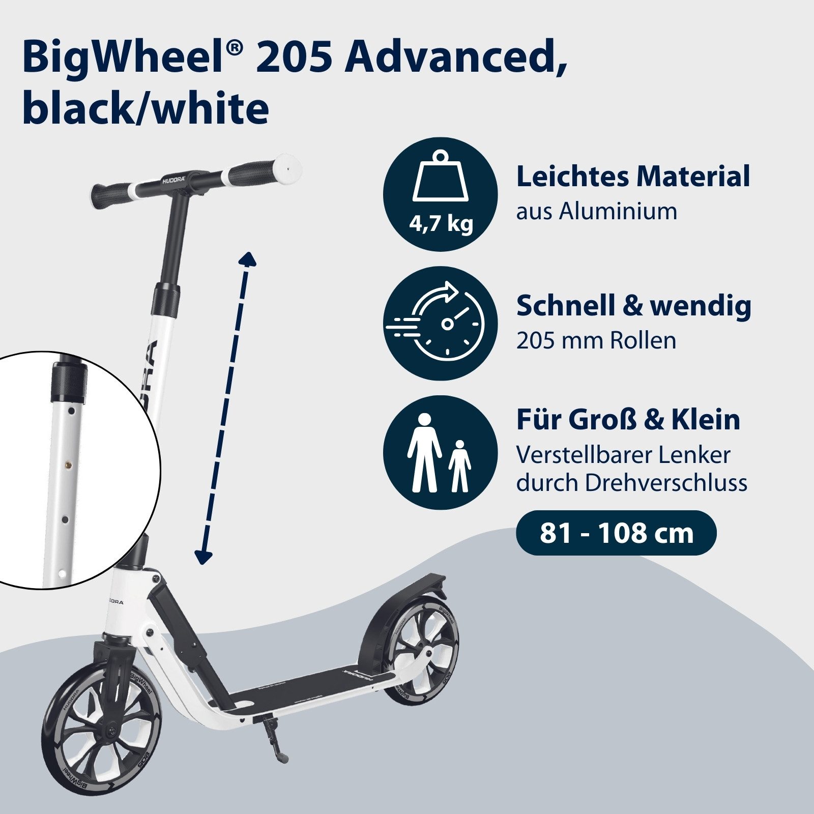 Hudora Cityroller BigWheel® 205 Advanced, Tretroller, (max. 100kg), einklappbarer, höhenverstellbarer Kick-Scooter – Bild 2 von 5