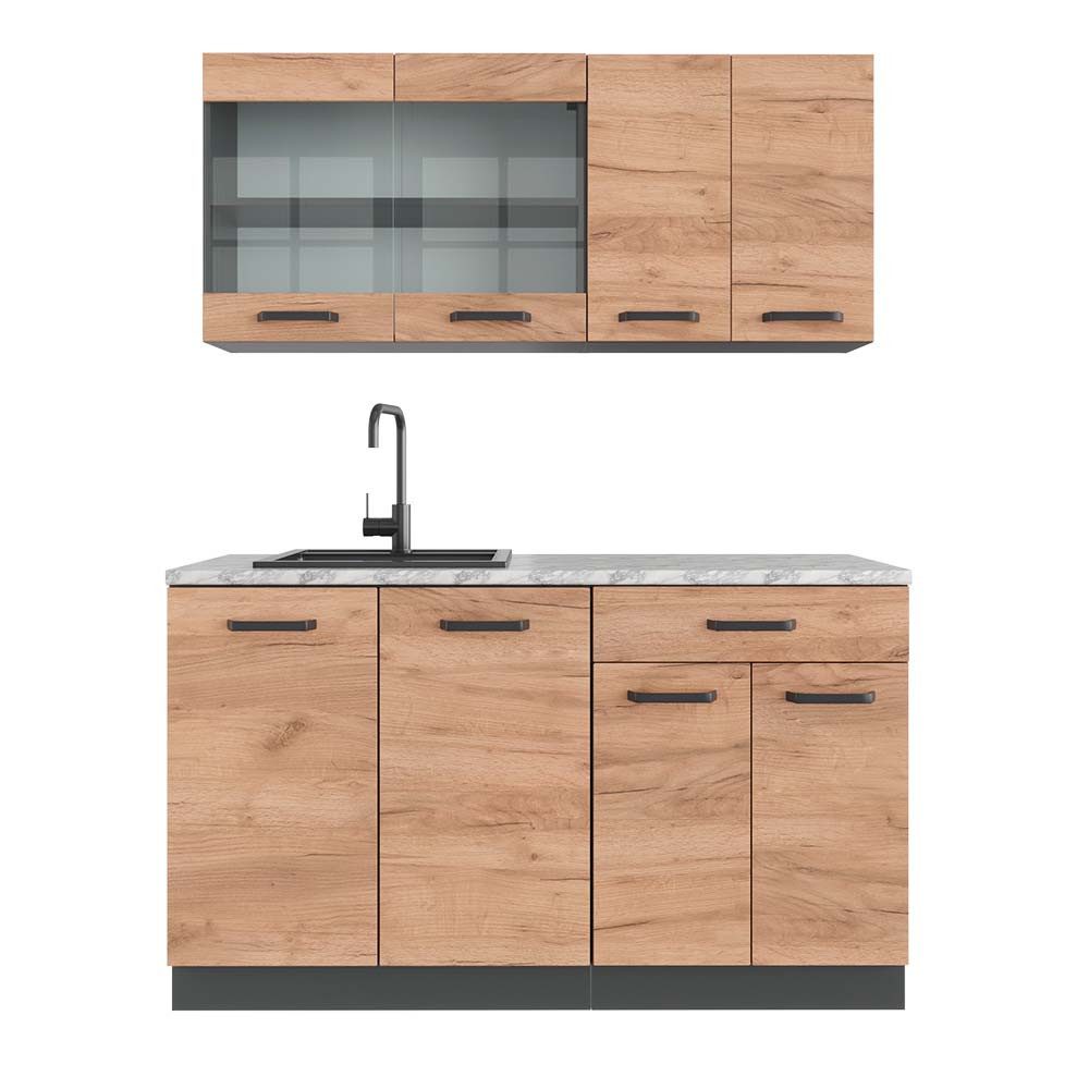 Vicco Küchenzeile R-Line, Goldkraft Eiche/Anthrazit, 140 cm, AP Marmor