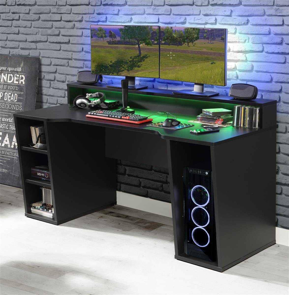 möbelando Schreibtisch Tamas, in inkl. cm Schubkasten, matt / 91 ca. Gamingtisch Monitorauflage 1 offene RGB-Beleuchtung Tür, x 1 schwarz x mit B/H/T Fächer Gaming 160 72 - und